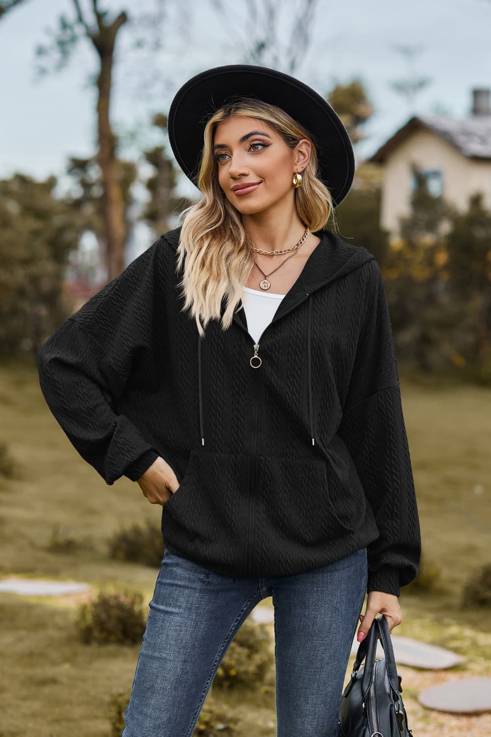 cable-knit long sleeve hooded jacket