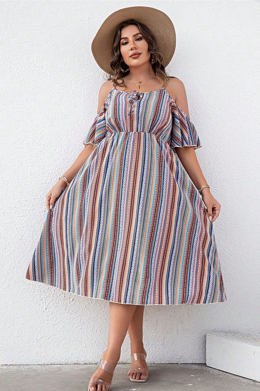 plus size striped cold-shoulder dress