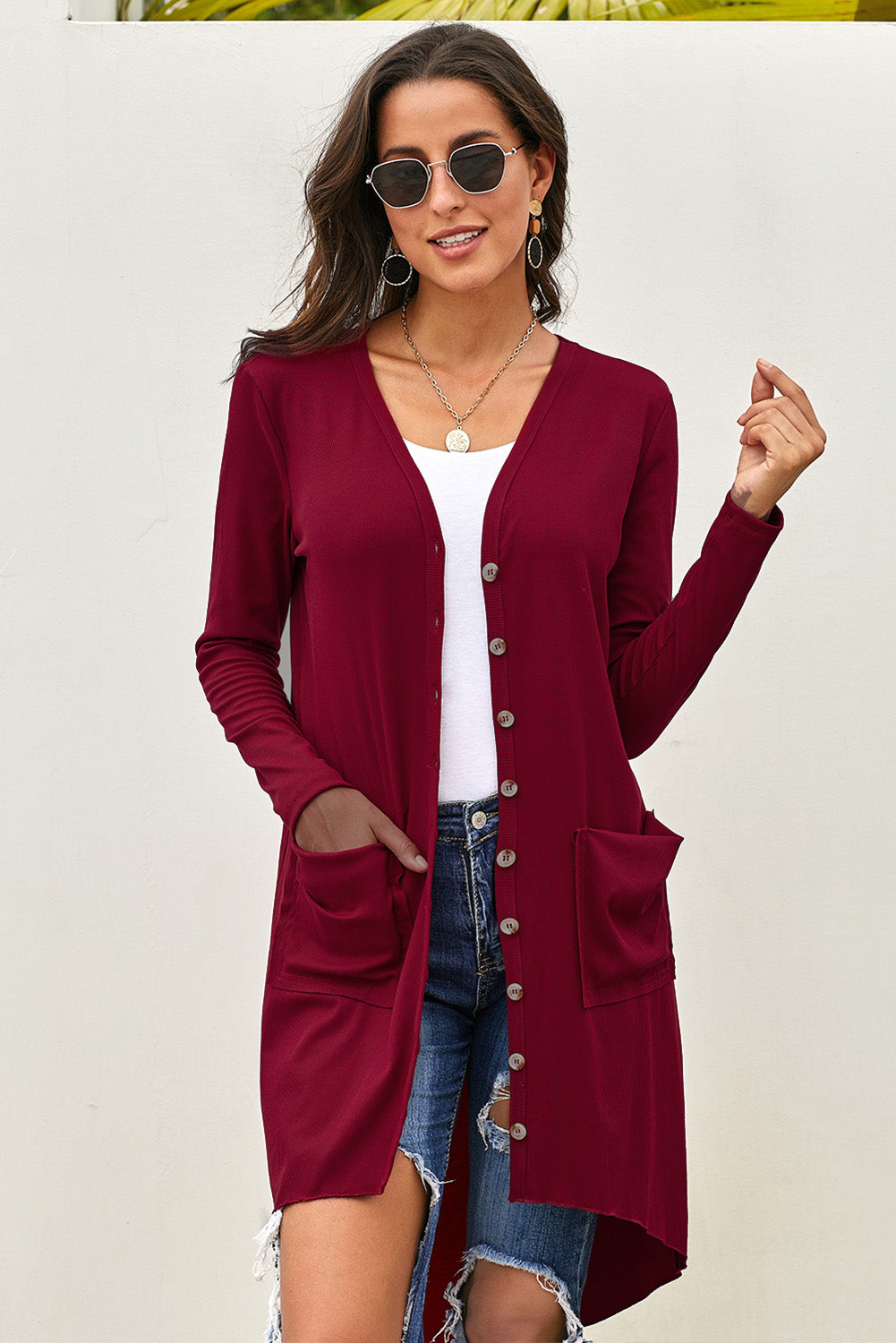 v-neck long sleeve cardigan with pocket