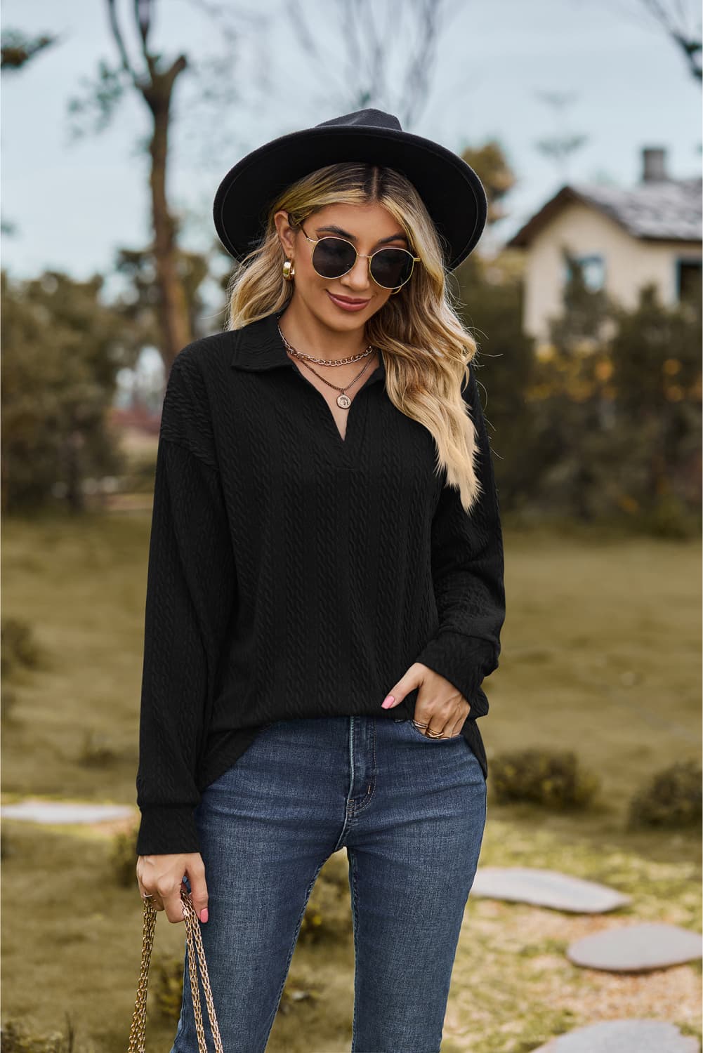 collared neck cable-knit long sleeve blouse