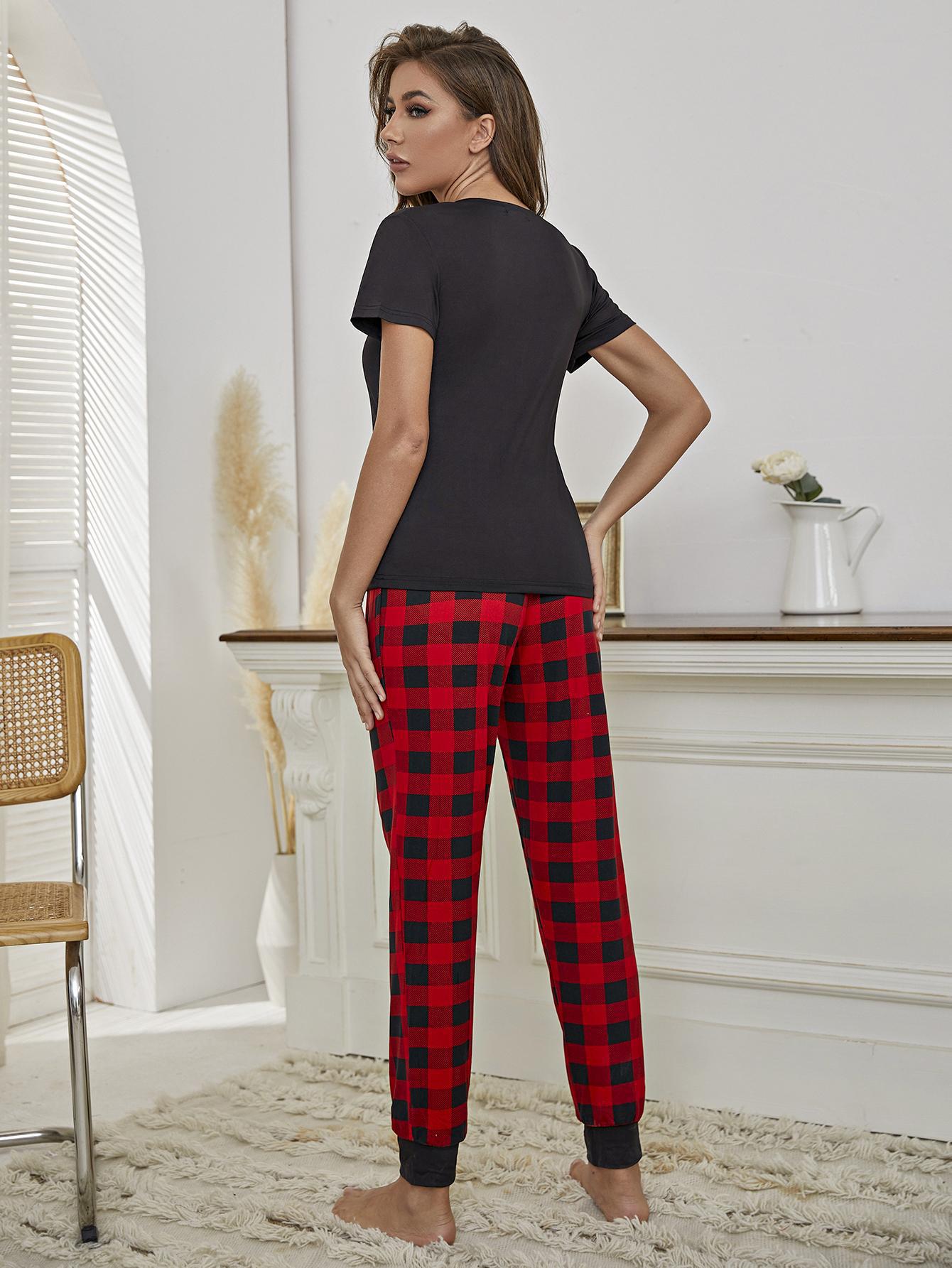 heart graphic tee and plaid joggers lounge set