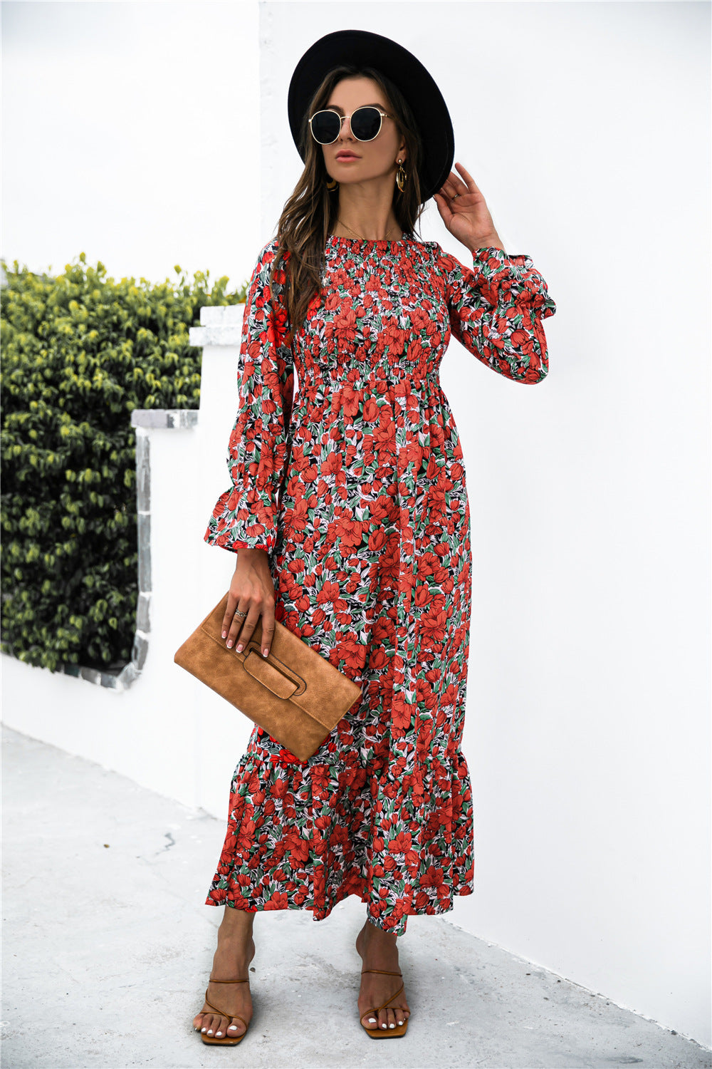 printed puff sleeve ruffle maxi dress