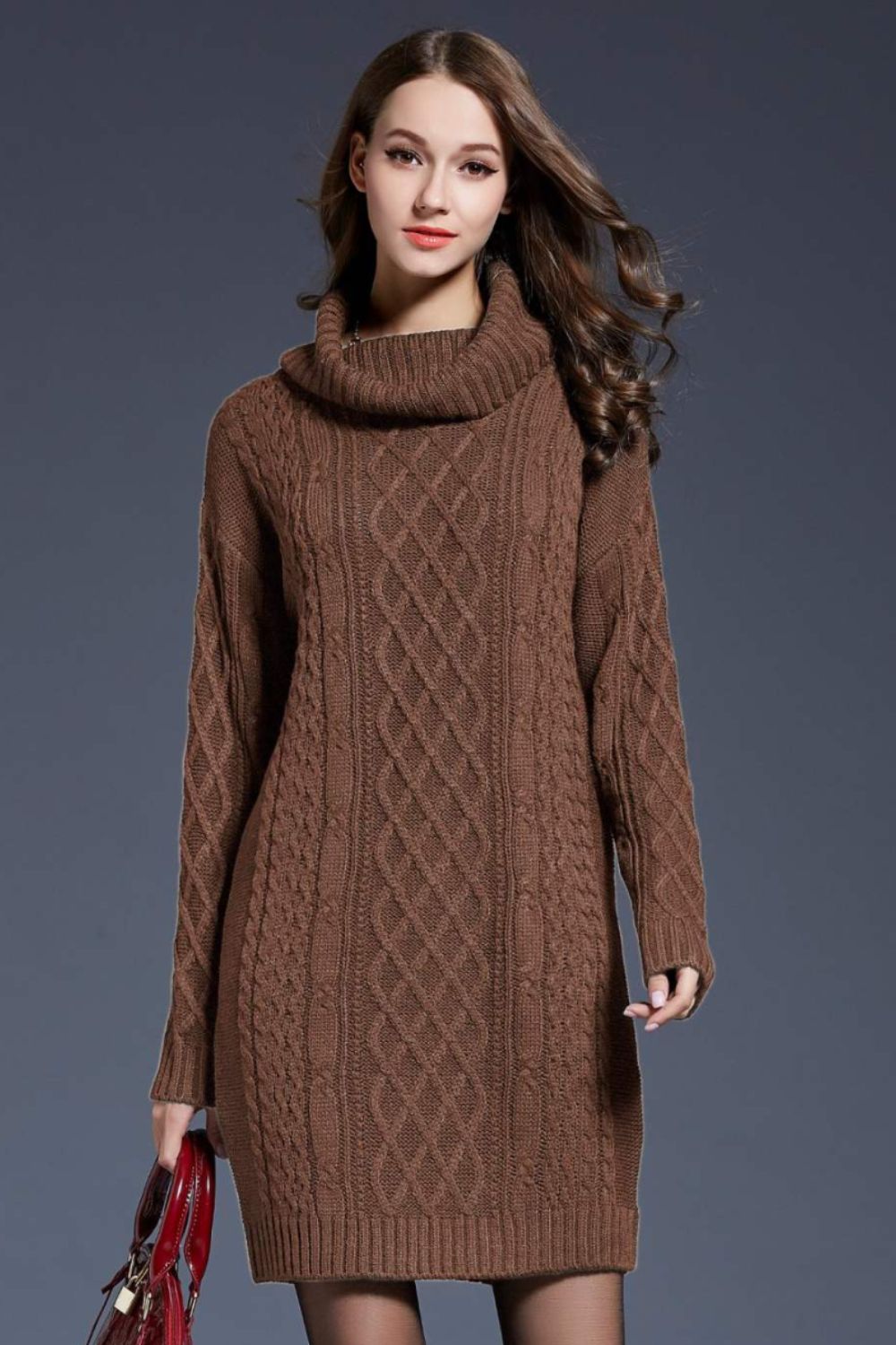 woven right full size mixed knit cowl neck dropped shoulder sweater dress