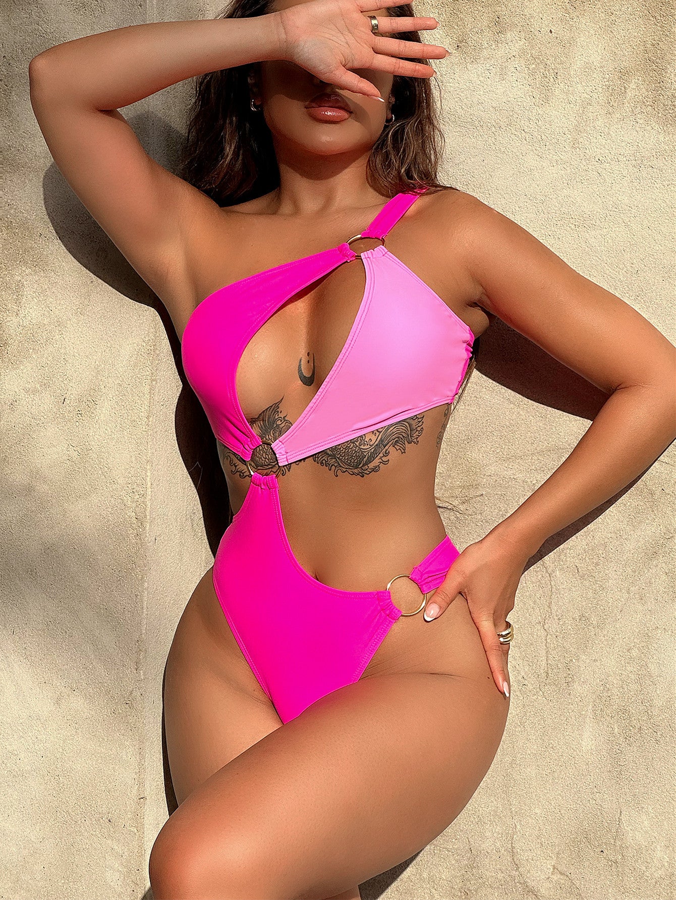 one-shoulder cutout ring detail one-piece swimsuit