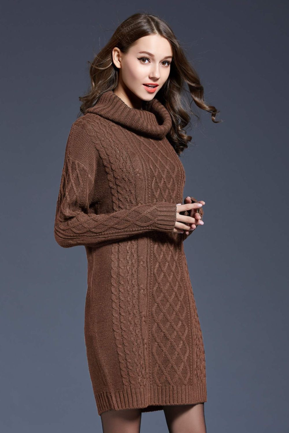 woven right full size mixed knit cowl neck dropped shoulder sweater dress