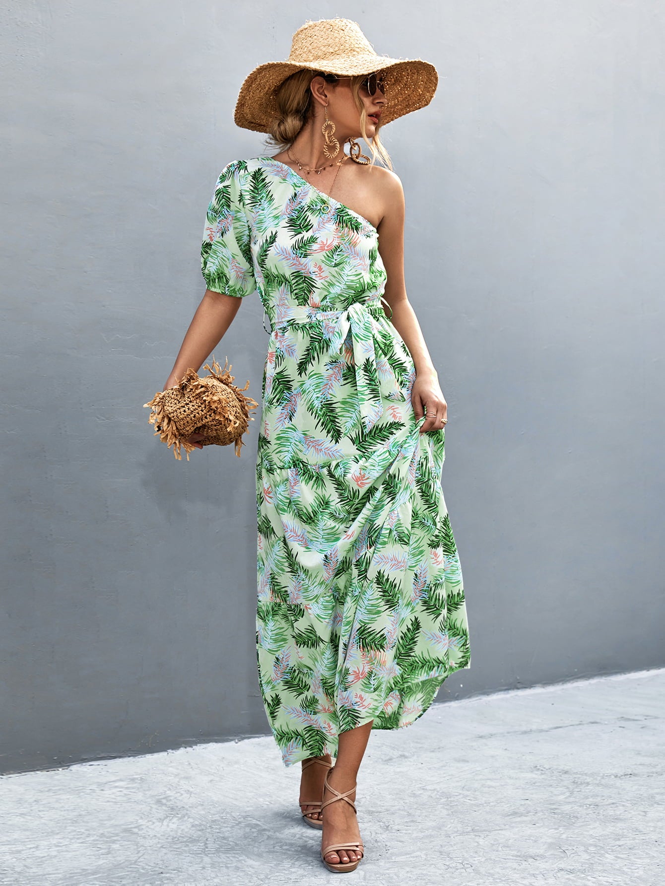 printed tie waist one shoulder maxi dress