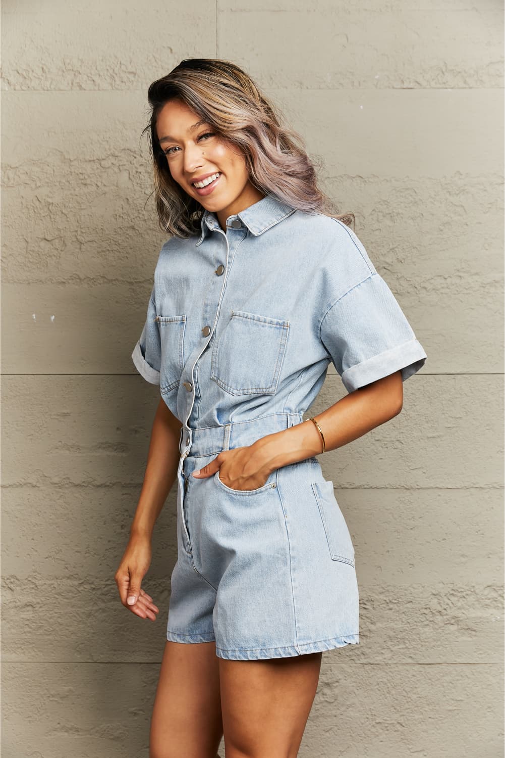 collared neck denim romper with pockets