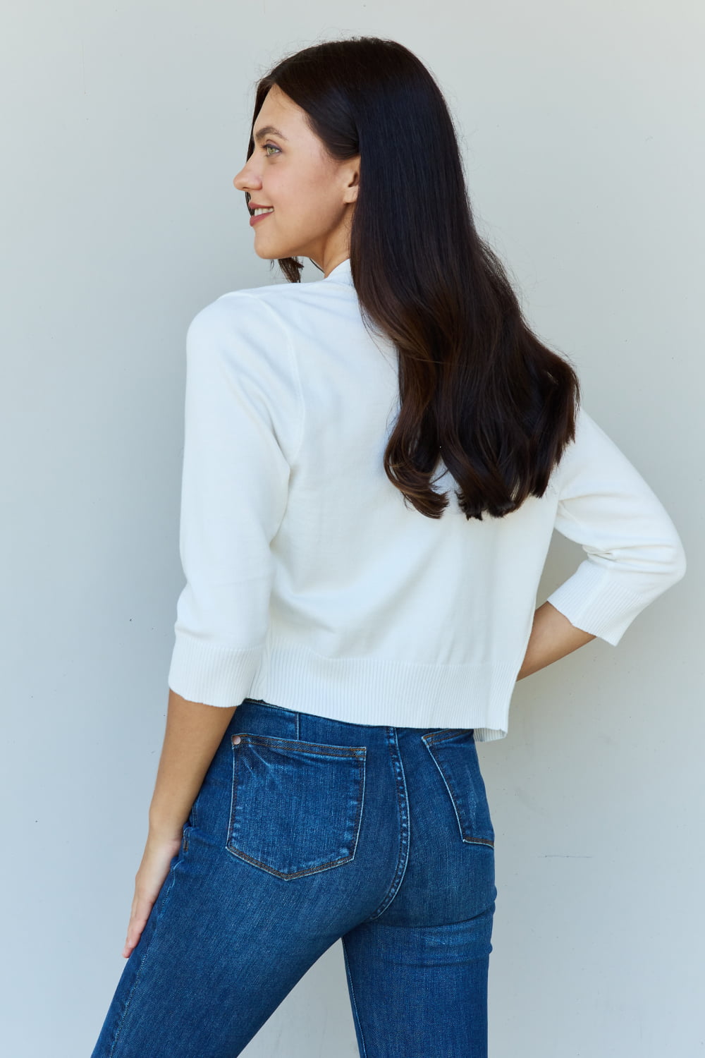 doublju my favorite full size 3/4 sleeve cropped cardigan in ivory