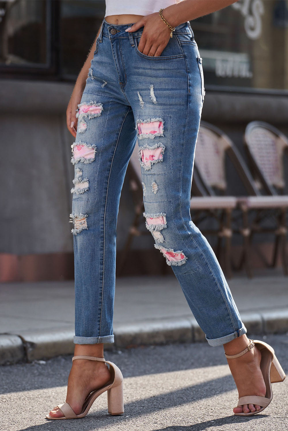 baeful printed patch distressed boyfriend jeans