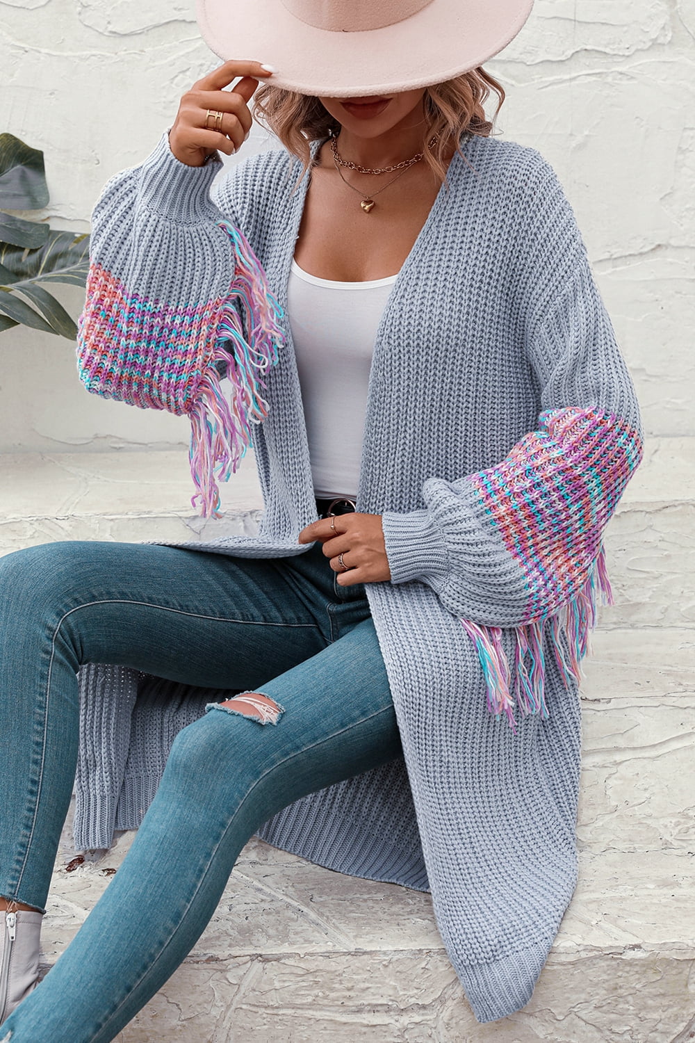 fringe sleeve dropped shoulder cardigan