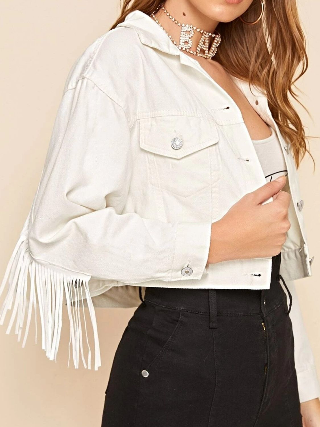 fringe detail collared neck long sleeve denim jacket