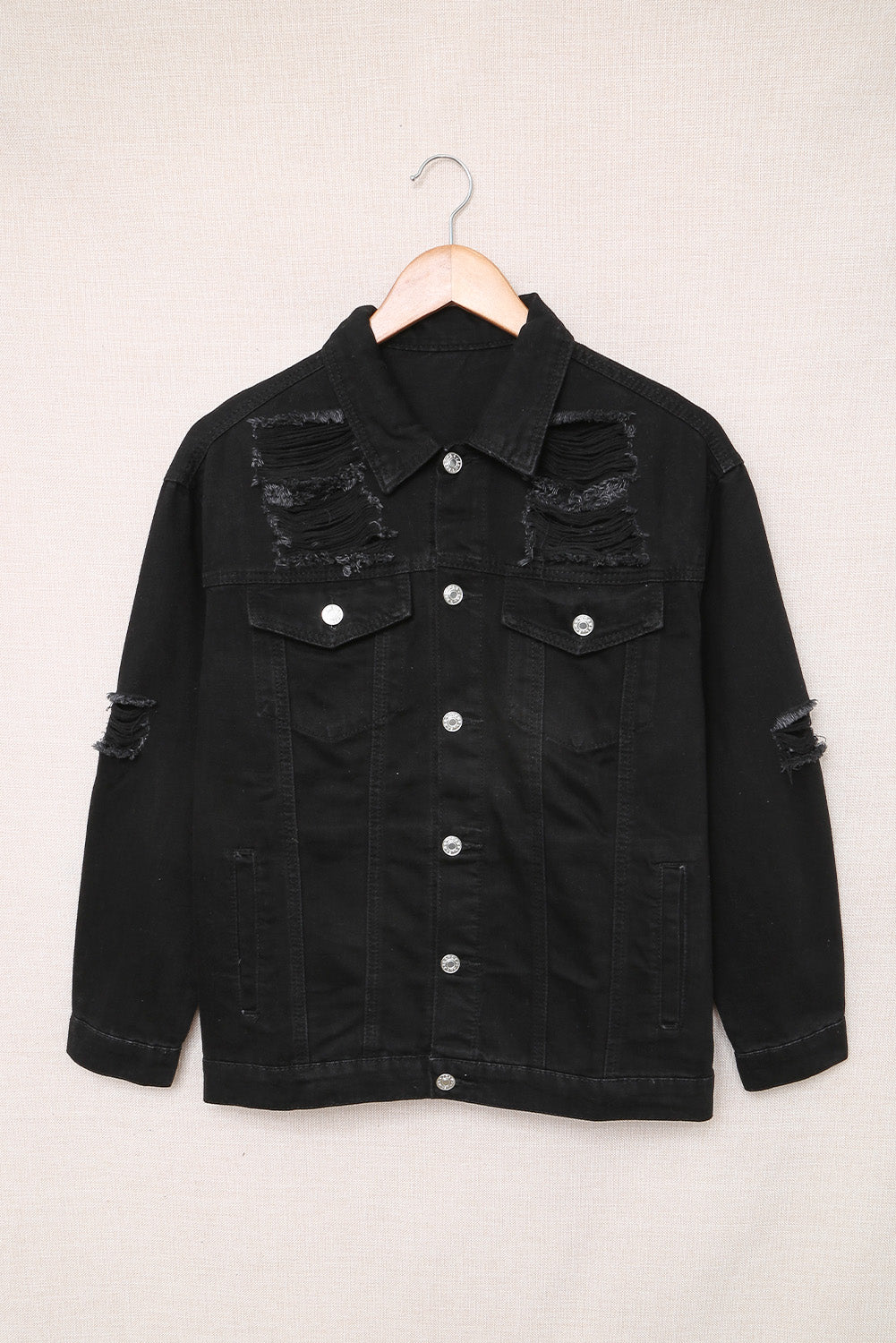 distressed button-up denim jacket with pockets