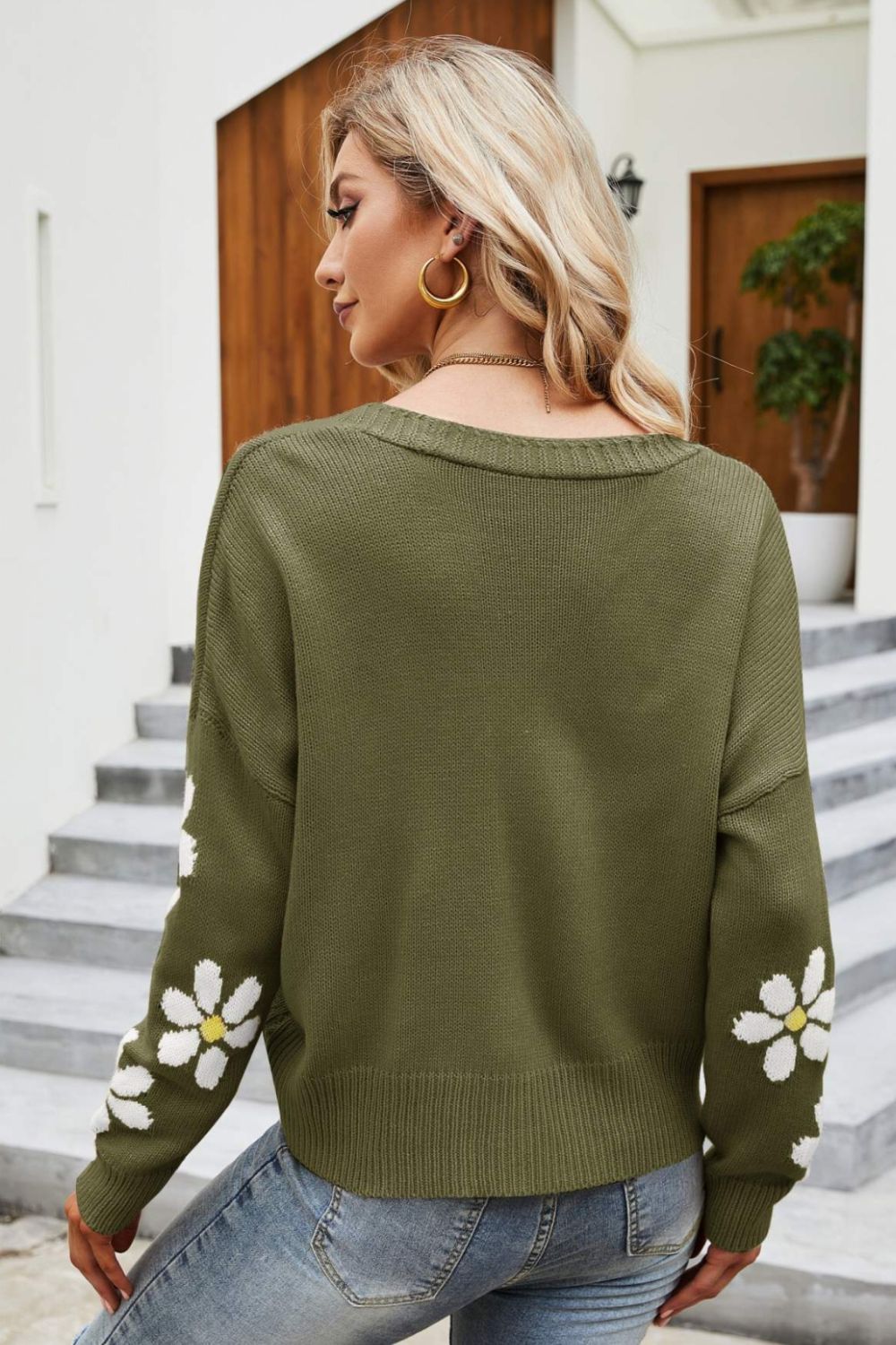 floral ribbed trim drop shoulder cardigan