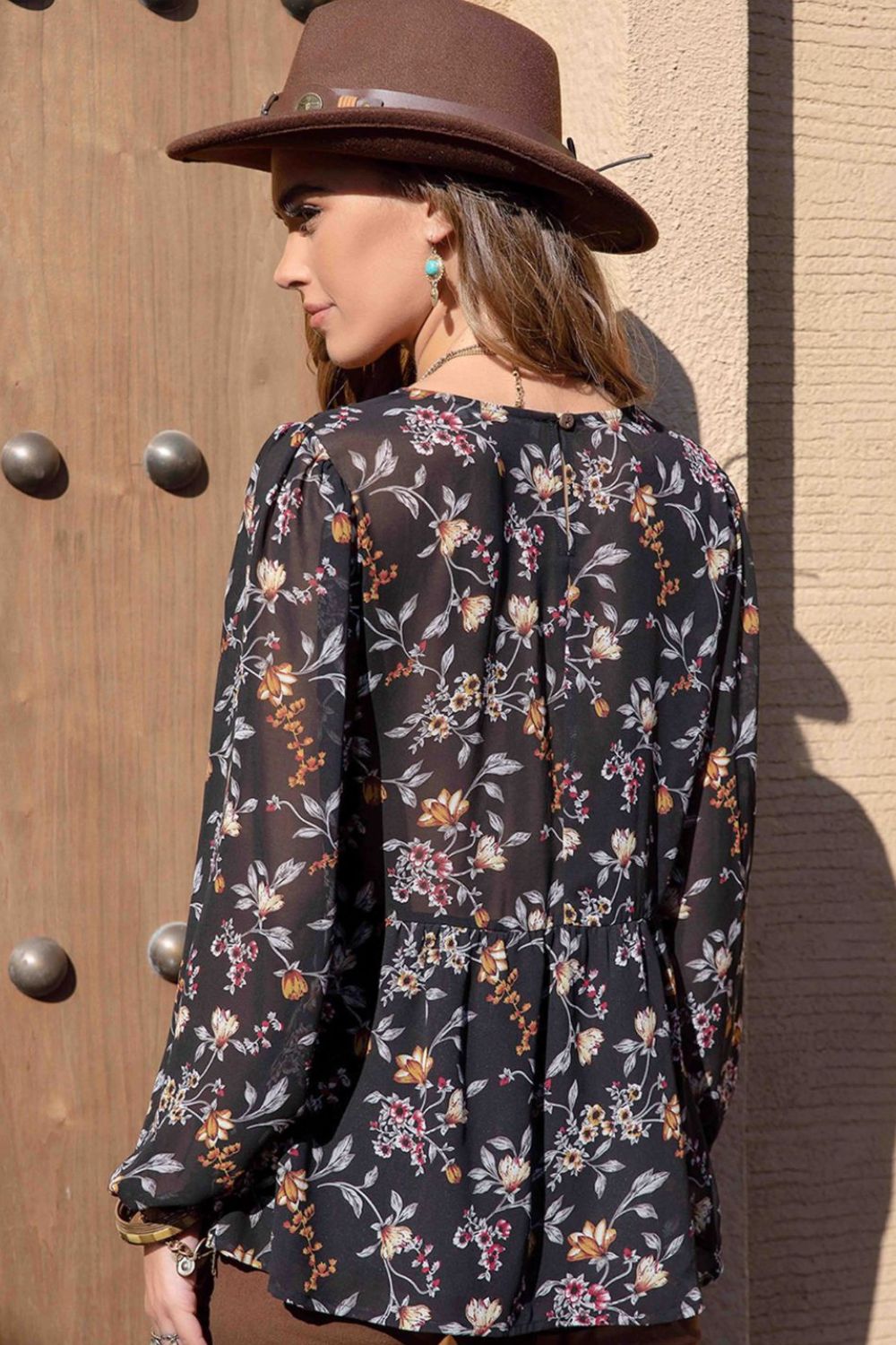 printed round neck long sleeve blouse
