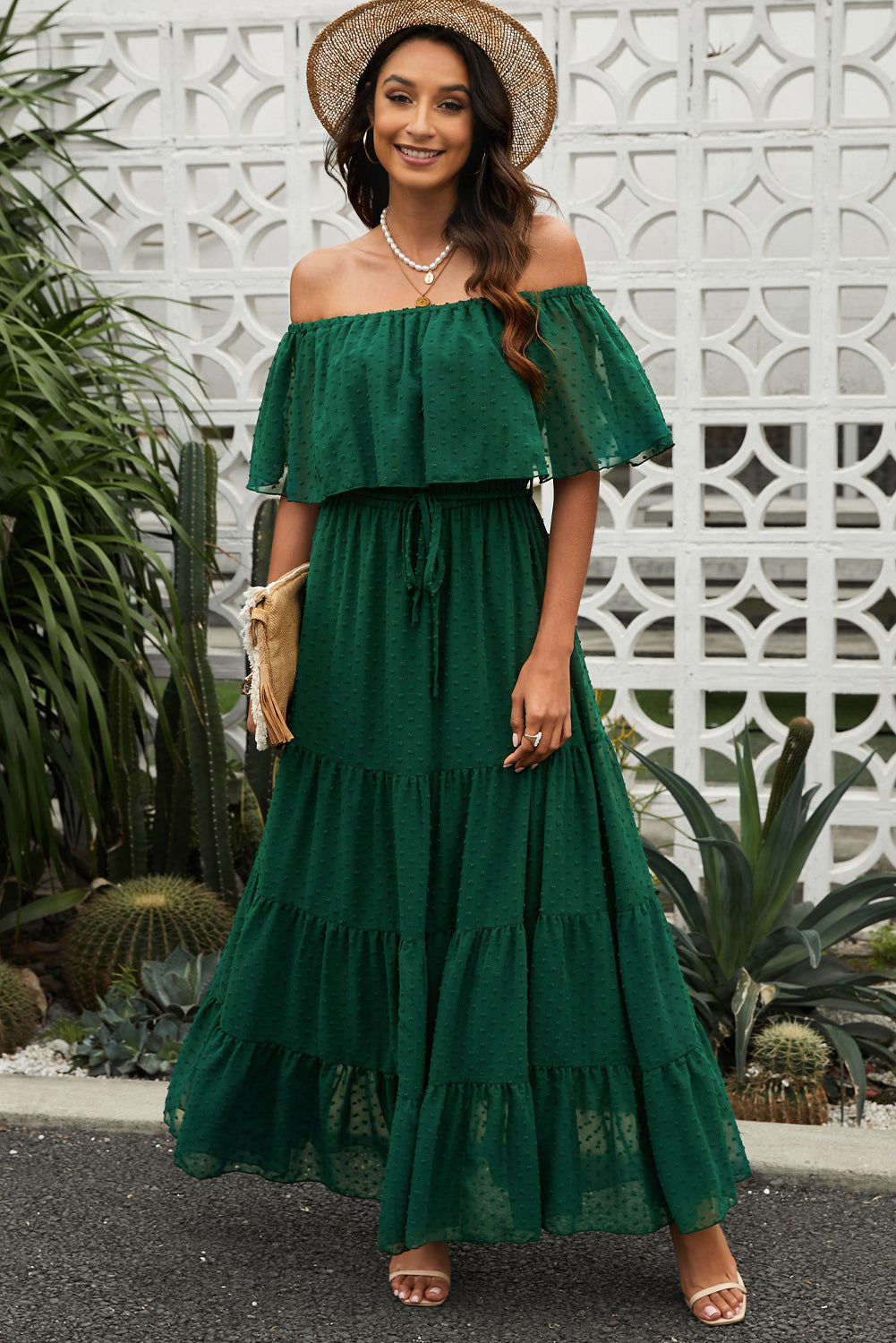 swiss dot off-shoulder tiered maxi dress