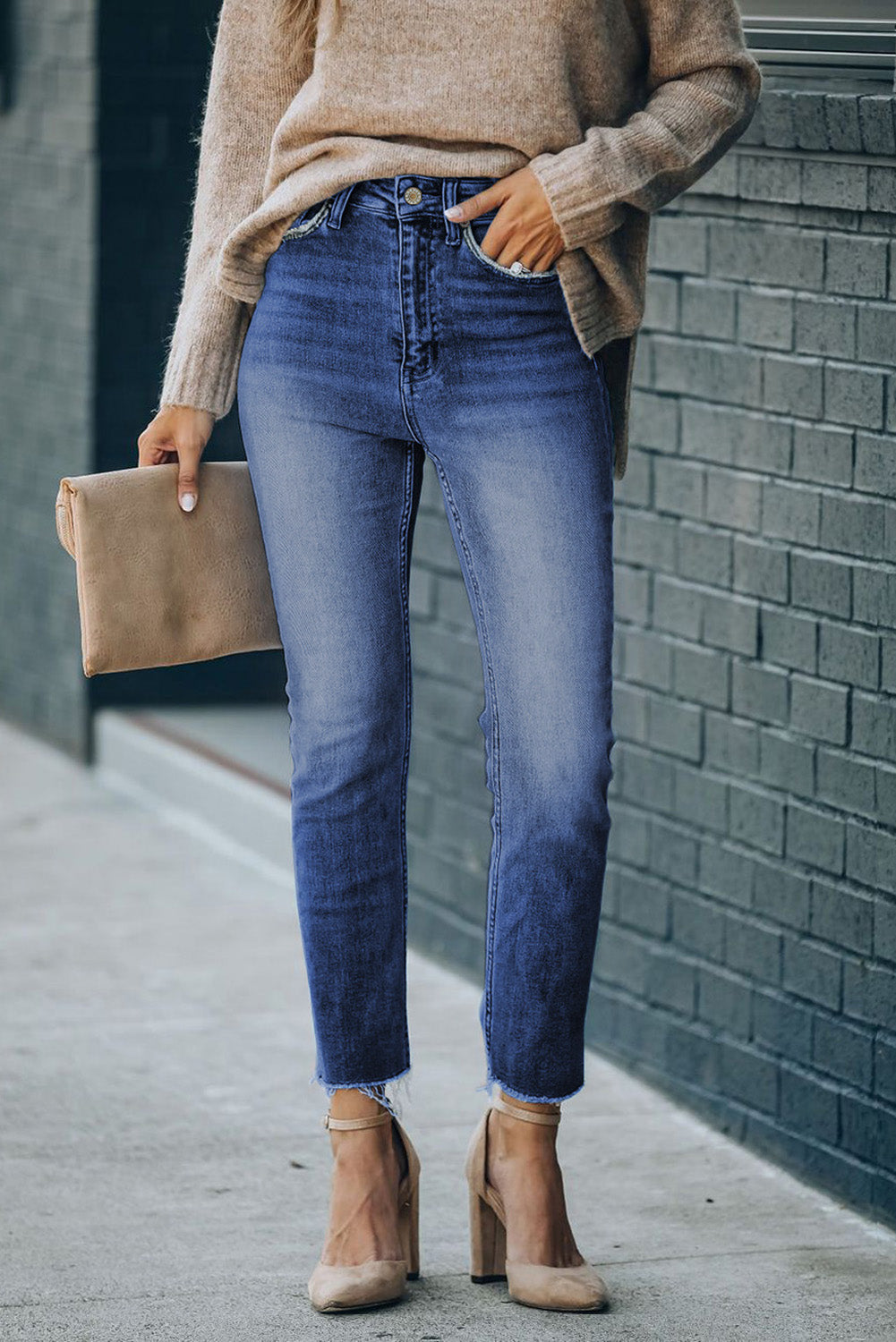 high waist raw hem skinny jeans