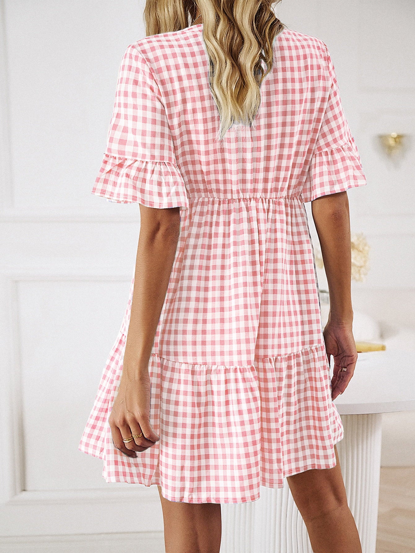 plaid flounce sleeve buttoned mini dress