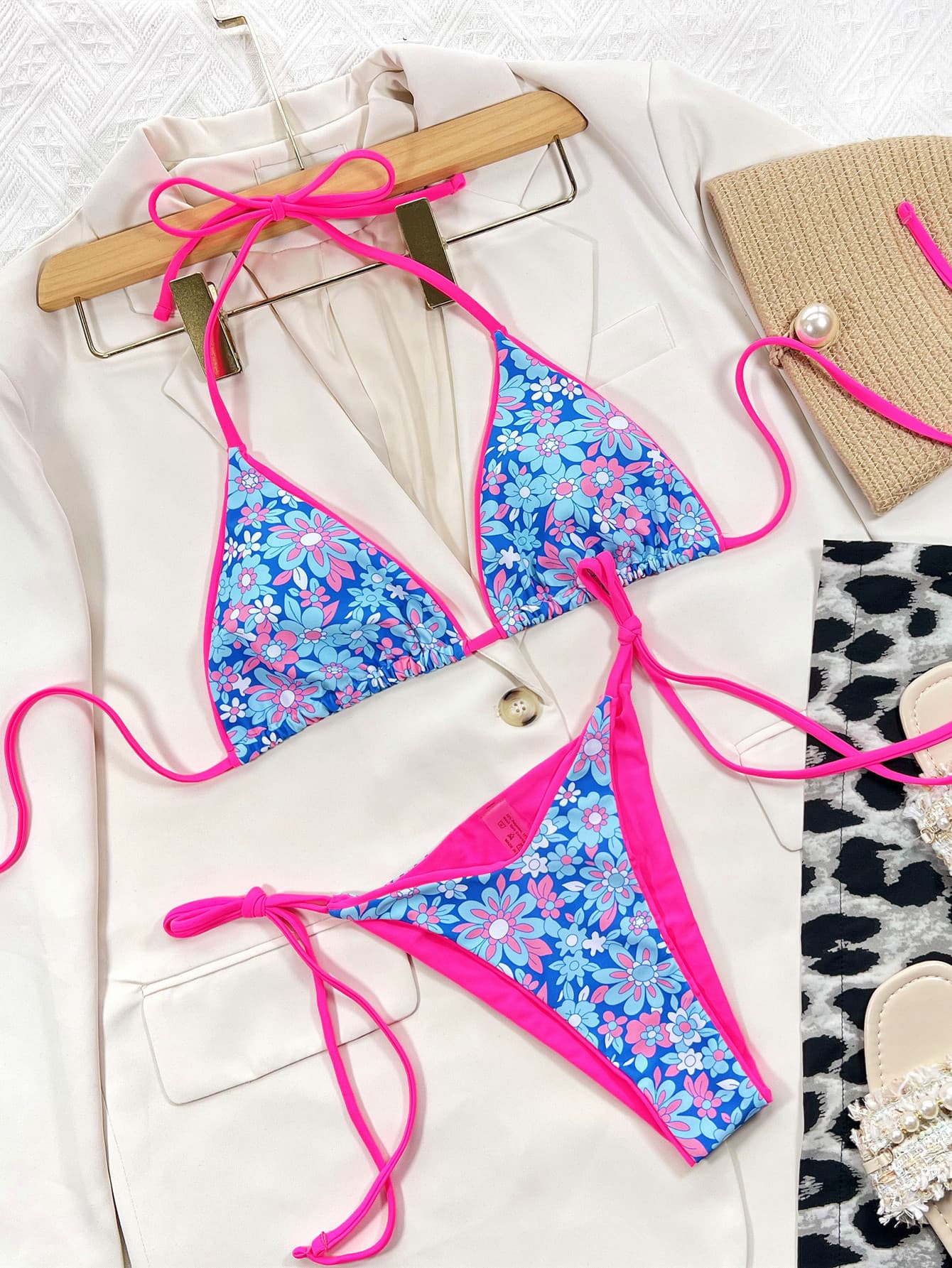 floral halter neck tie side bikini set