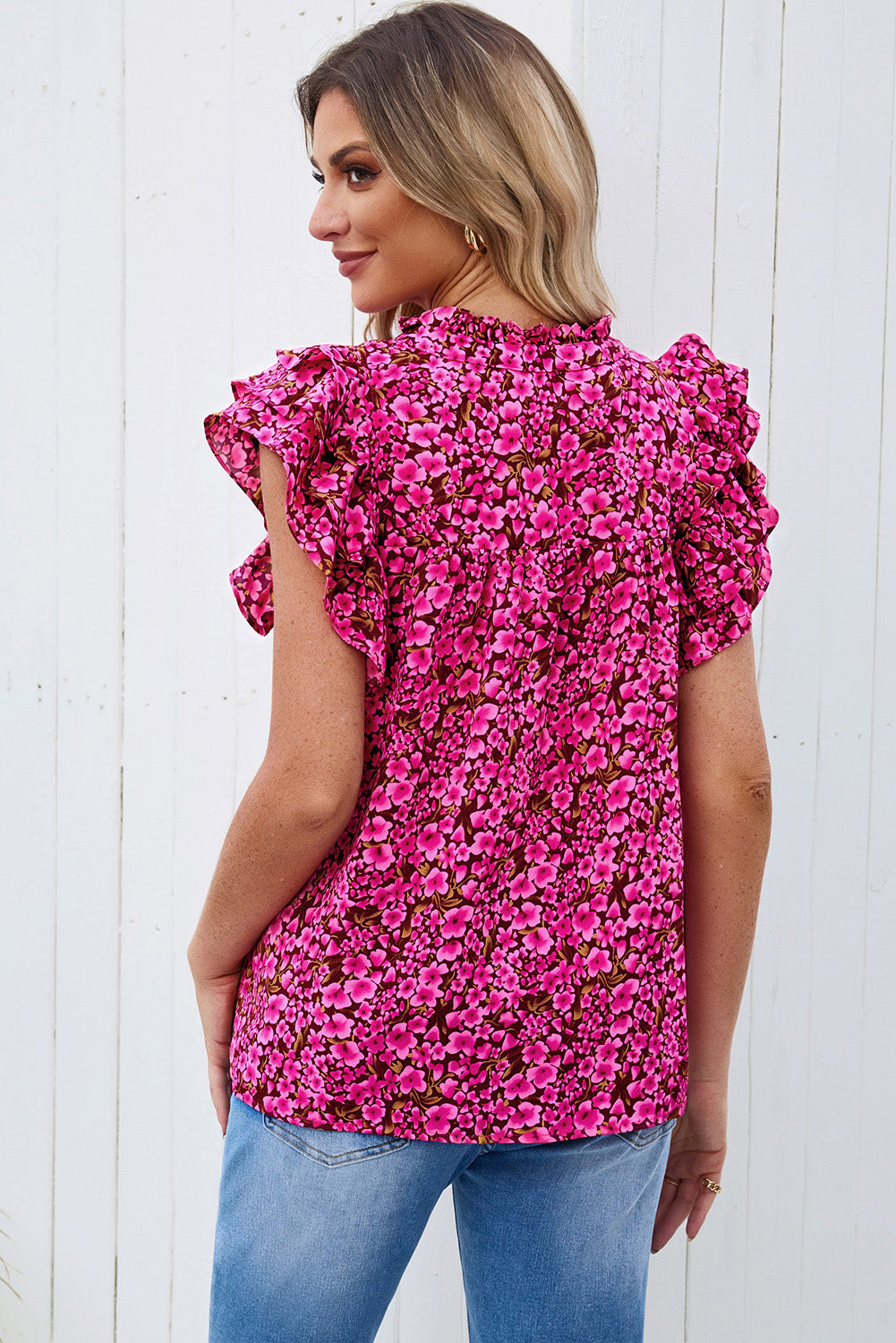 floral flutter sleeve notched neck blouse