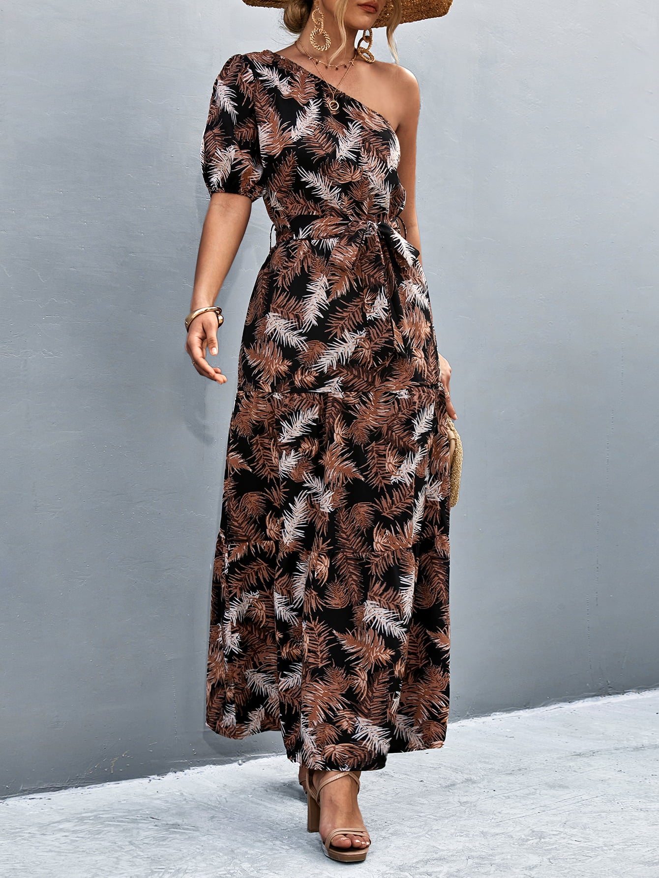 printed tie waist one shoulder maxi dress