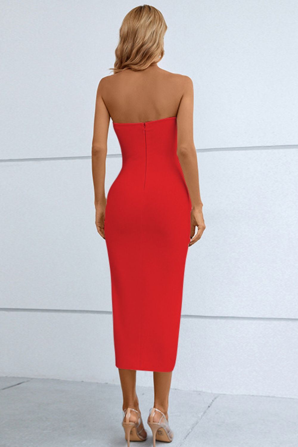 cutout strapless drawstring detail split bandage dress