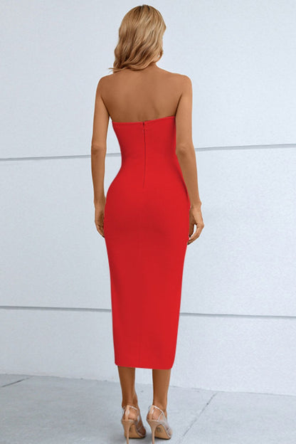 Cutout Strapless Drawstring Detail Split Bandage Dress