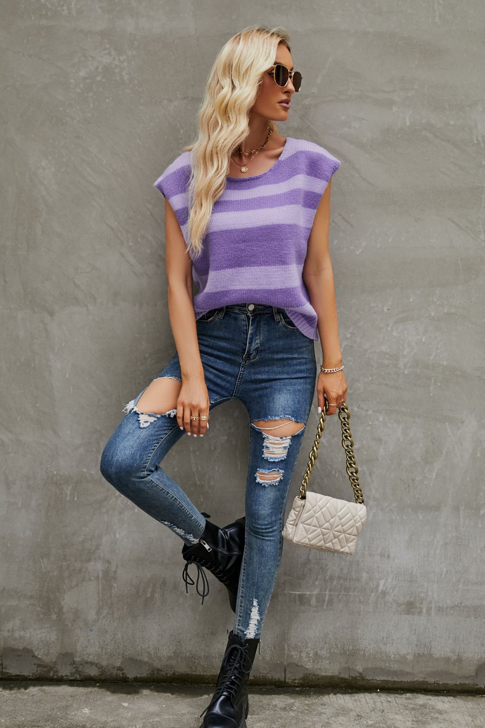 striped round neck cap sleeve knit top
