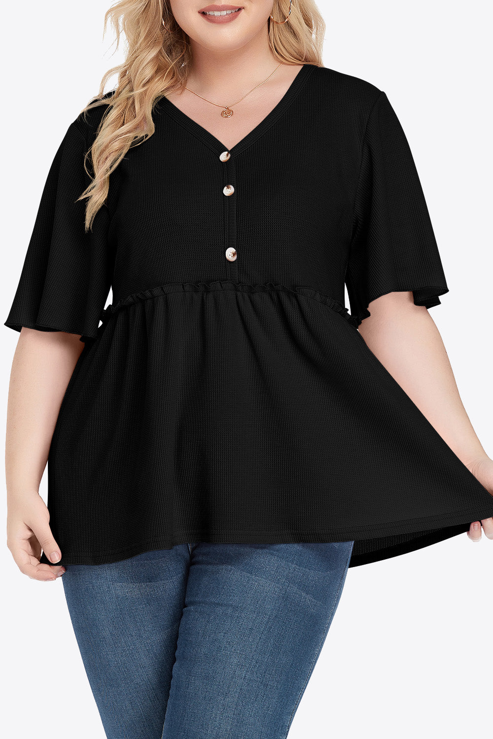 plus size buttoned v-neck frill trim babydoll blouse