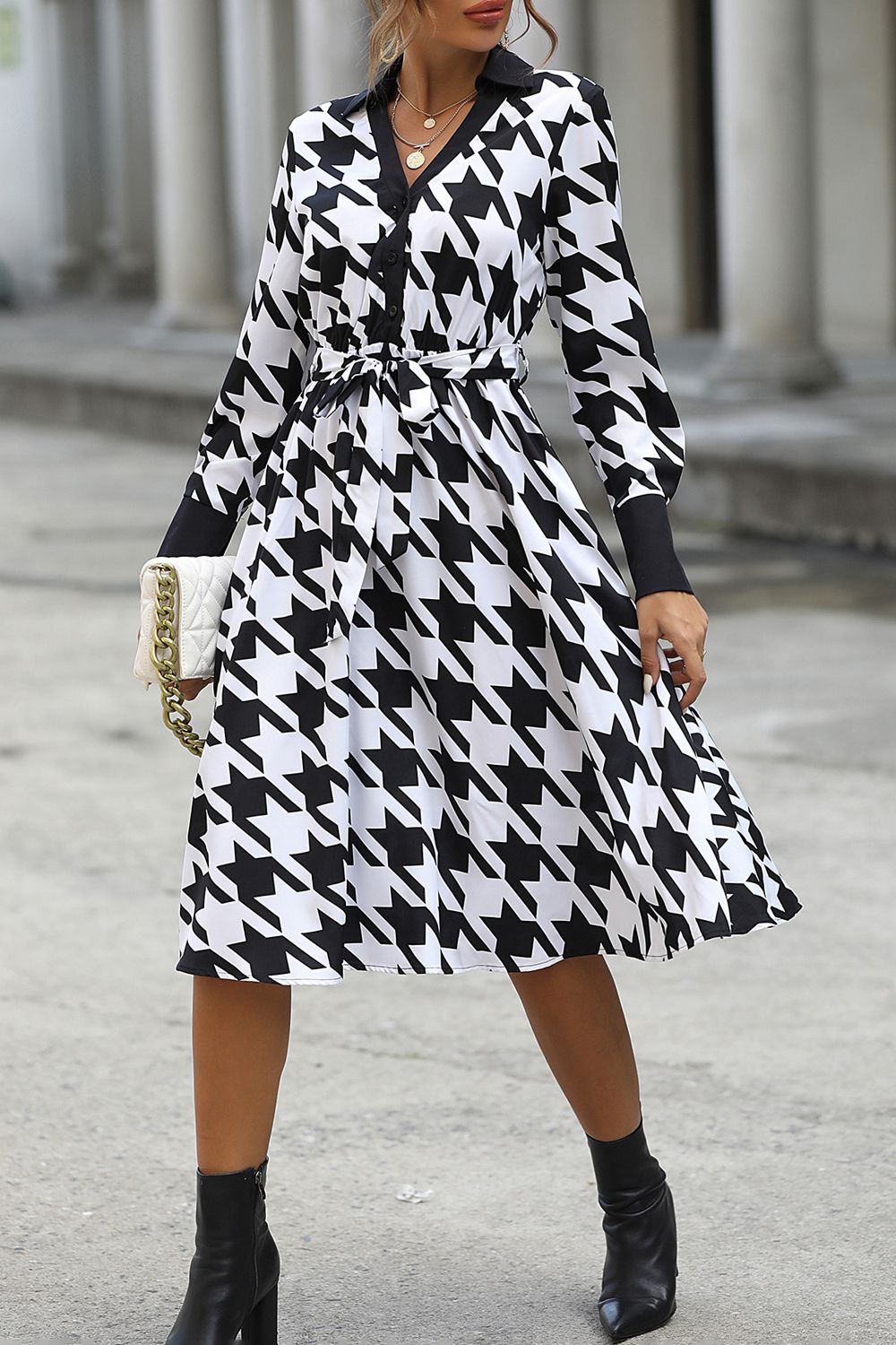 houndstooth johnny collar tie waist dress