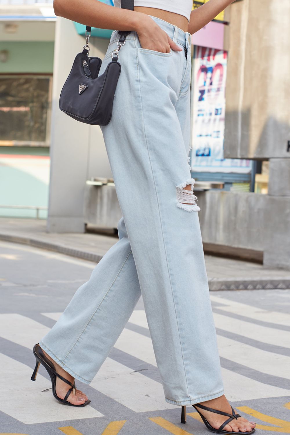 baeful distressed straight leg jeans with pockets