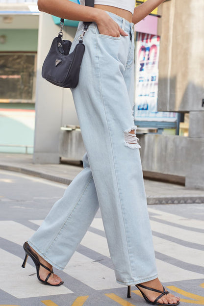 Baeful Distressed Straight Leg Jeans with Pockets