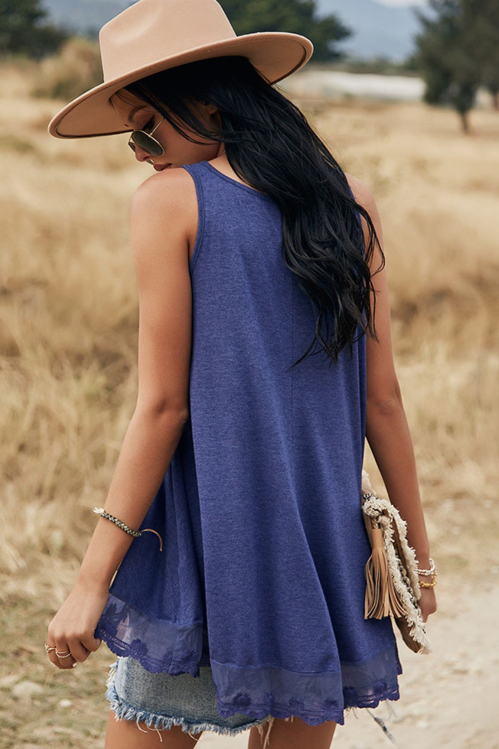 lace trim button detail tank top