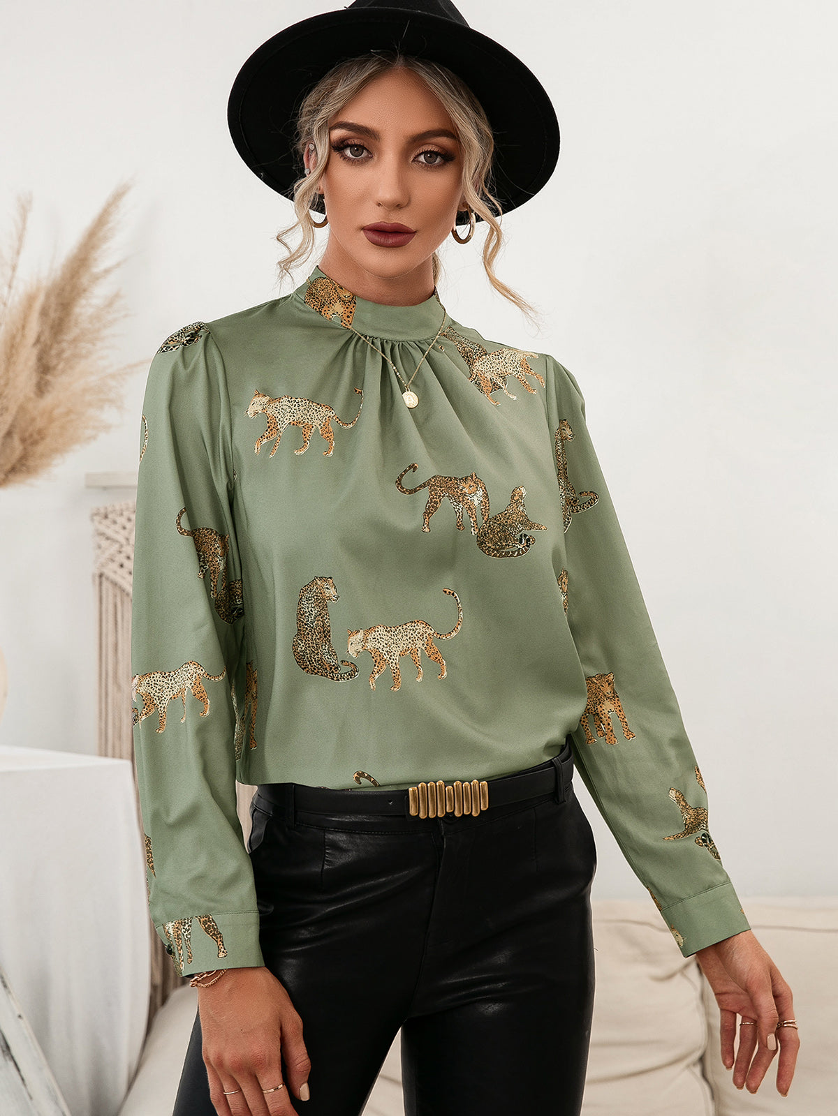 leopard graphic mock neck puff sleeve blouse