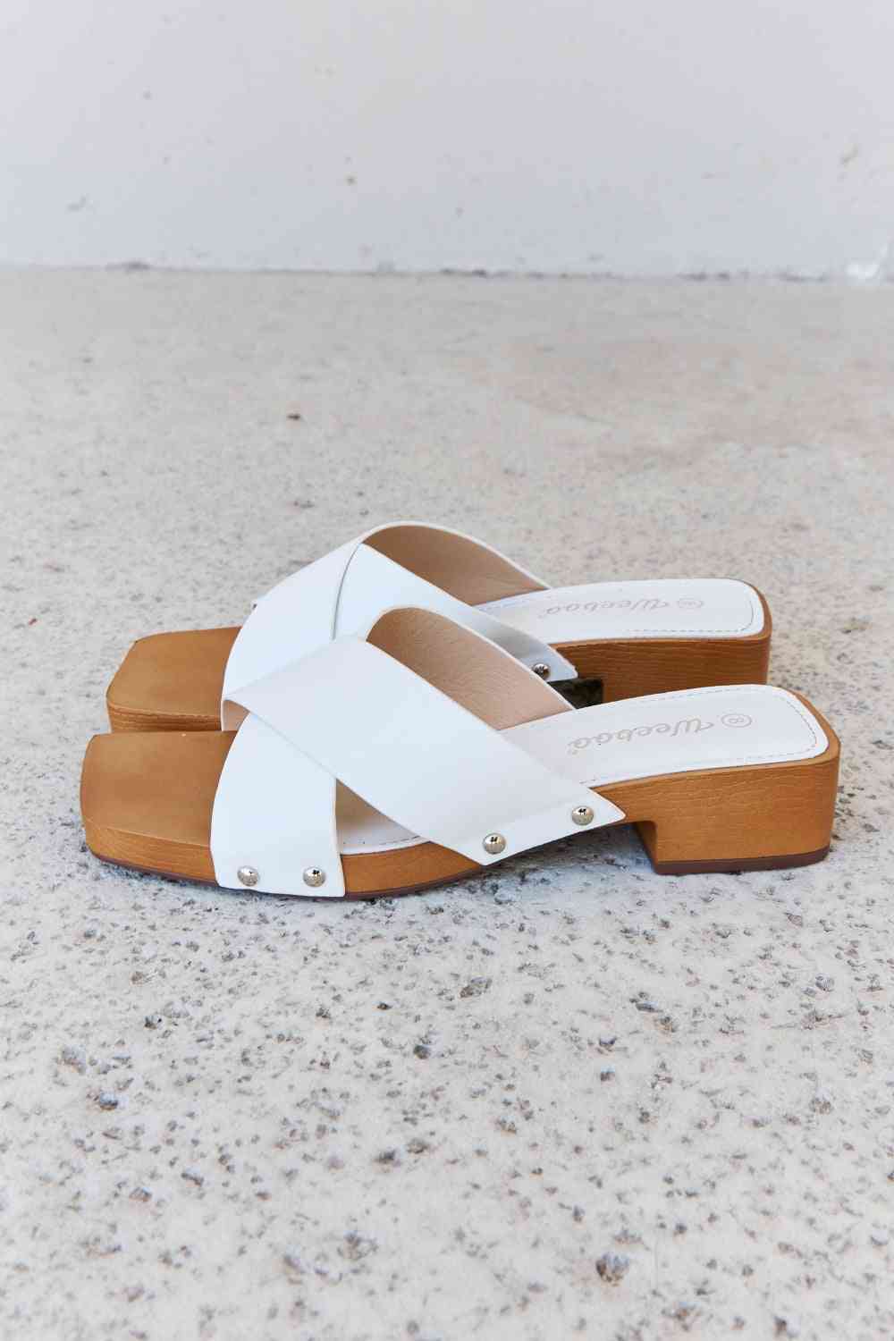 weeboo step into summer criss cross wooden clog mule in white