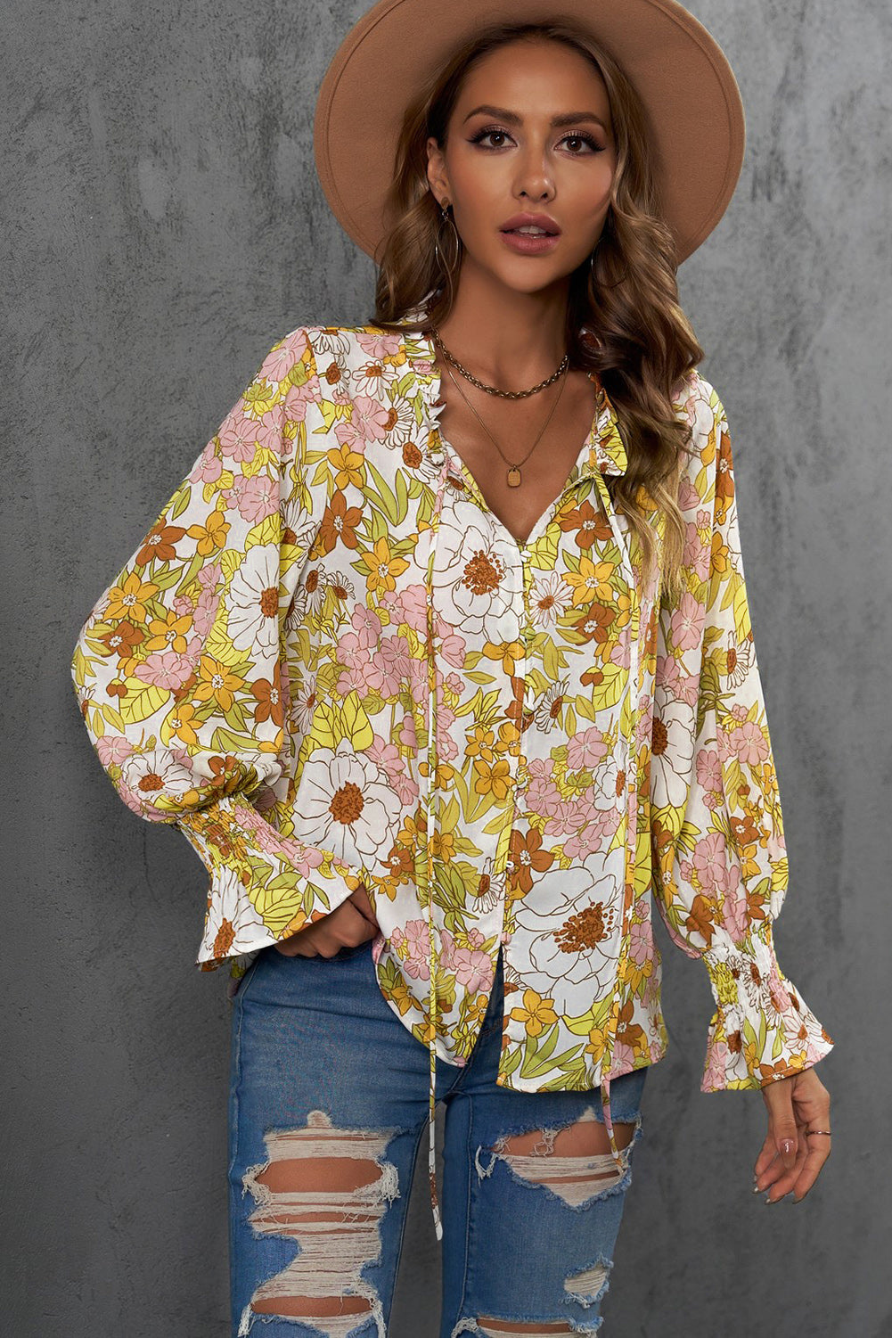 floral frill trim tie neck flounce sleeve blouse