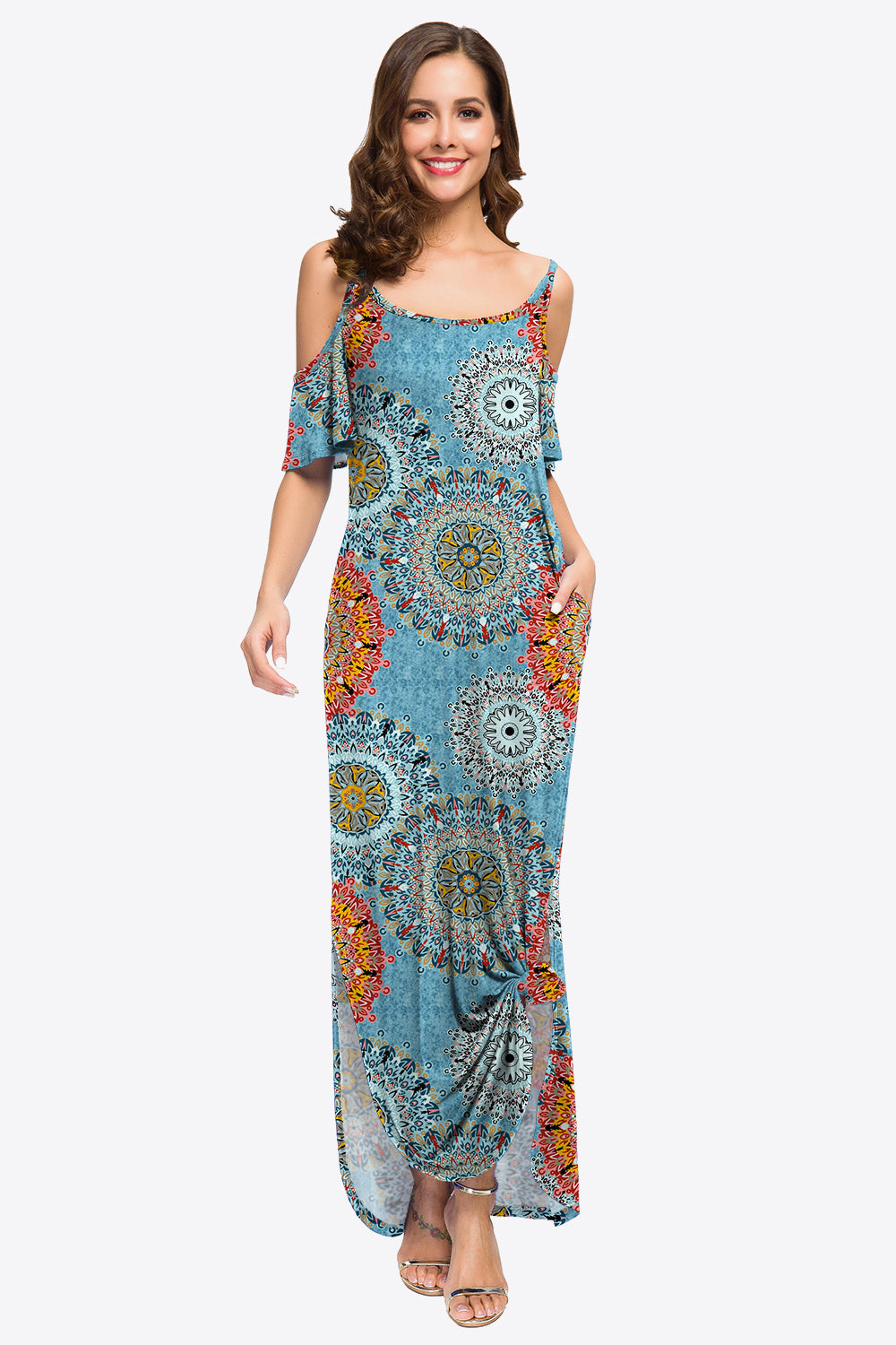 slit scoop neck cold-shoulder maxi dress