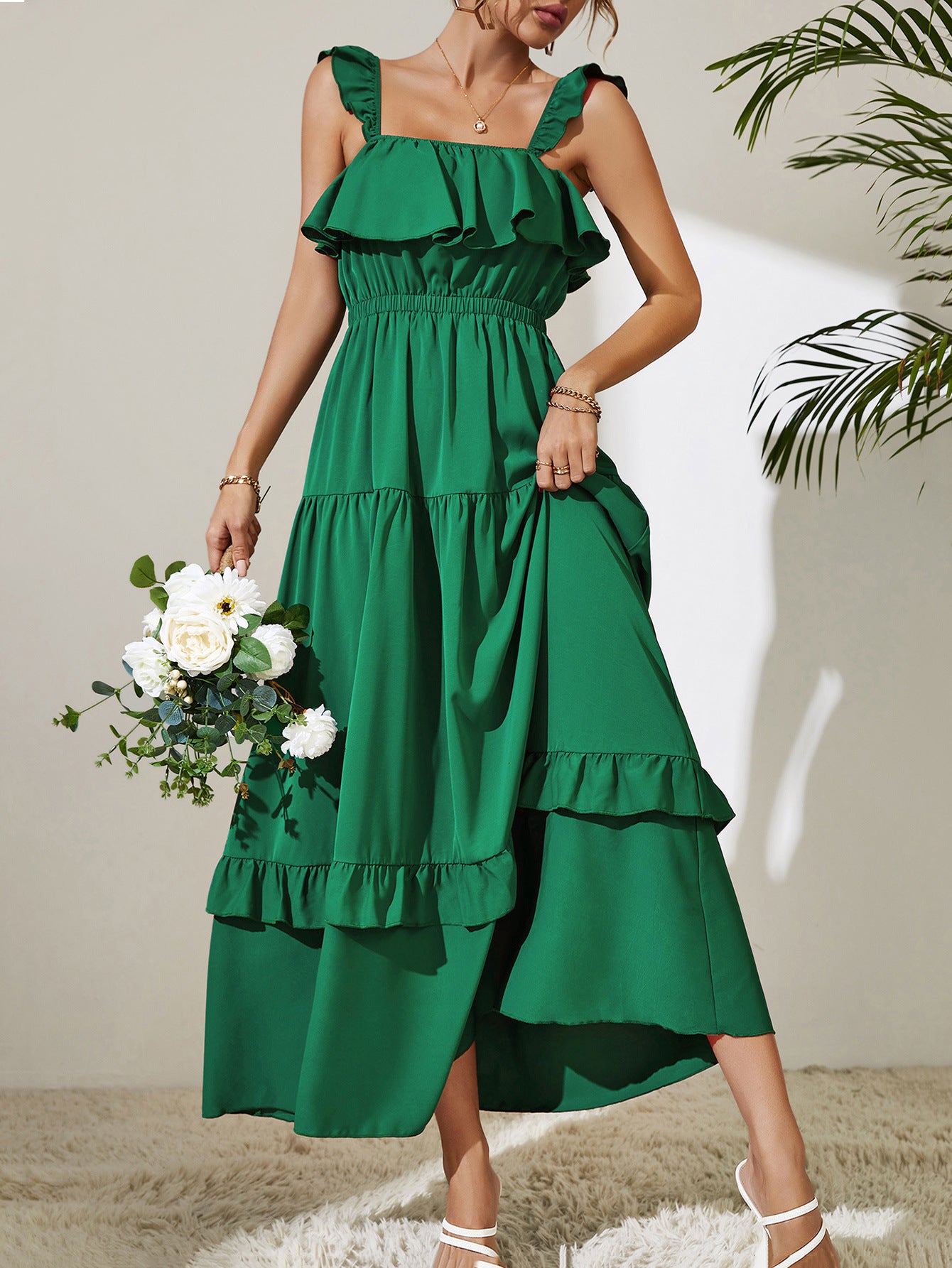 square neck ruffled maxi dress