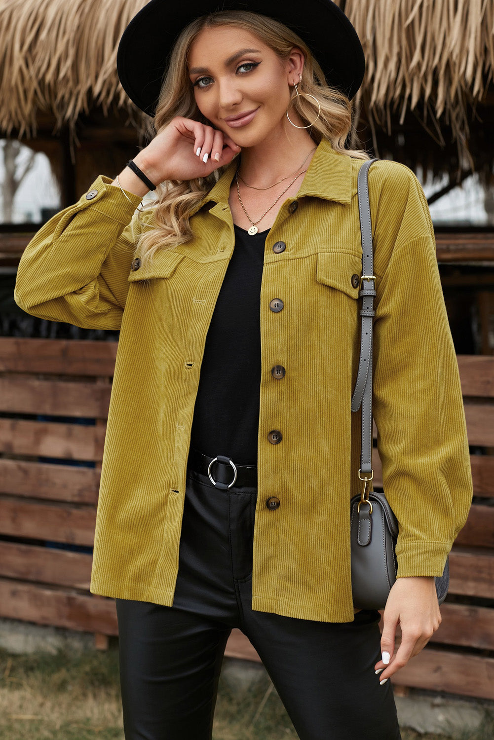 double take corduroy long sleeve button-up shirt jacket