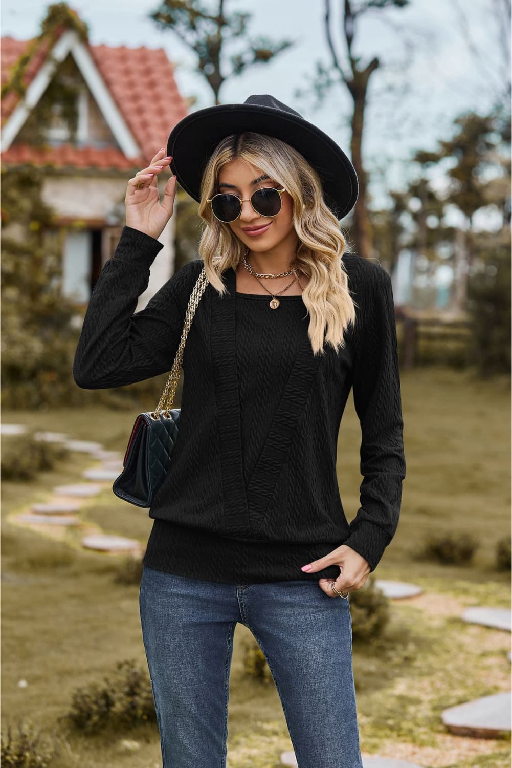 square neck long sleeve blouse