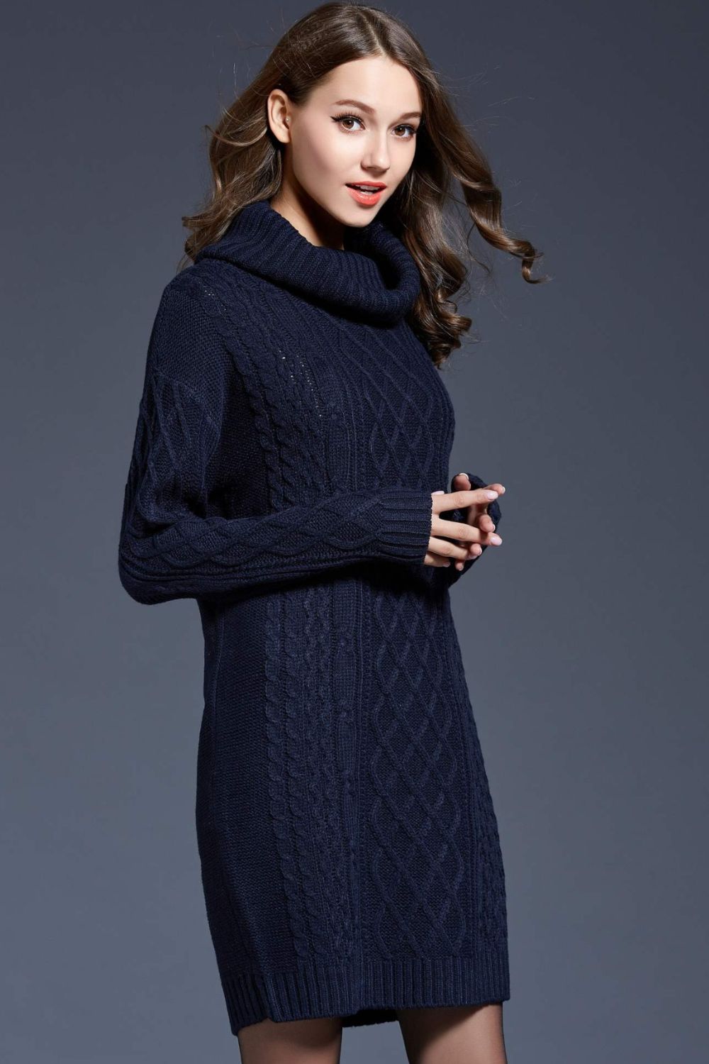 woven right full size mixed knit cowl neck dropped shoulder sweater dress