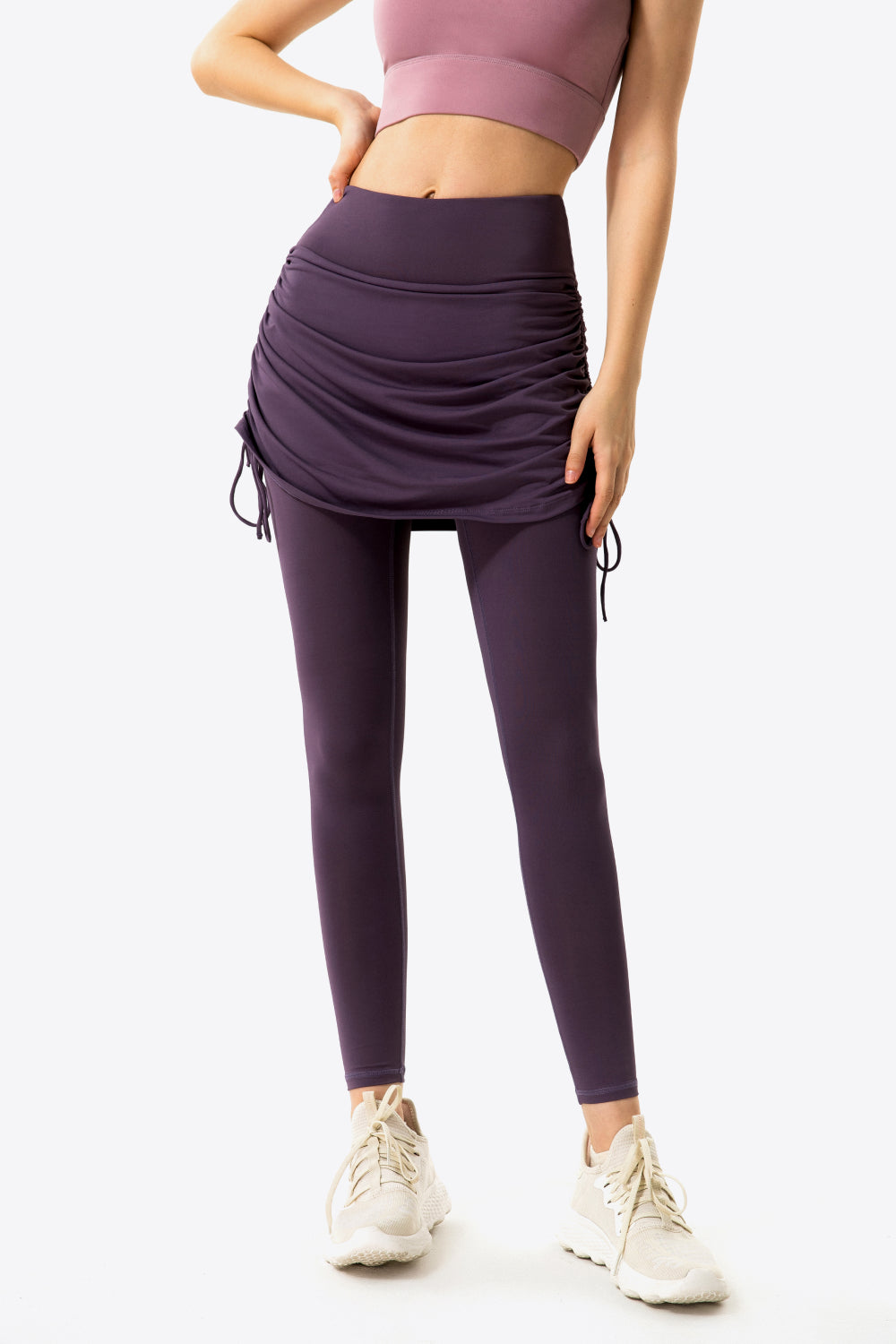 drawstring ruched faux layered yoga leggings