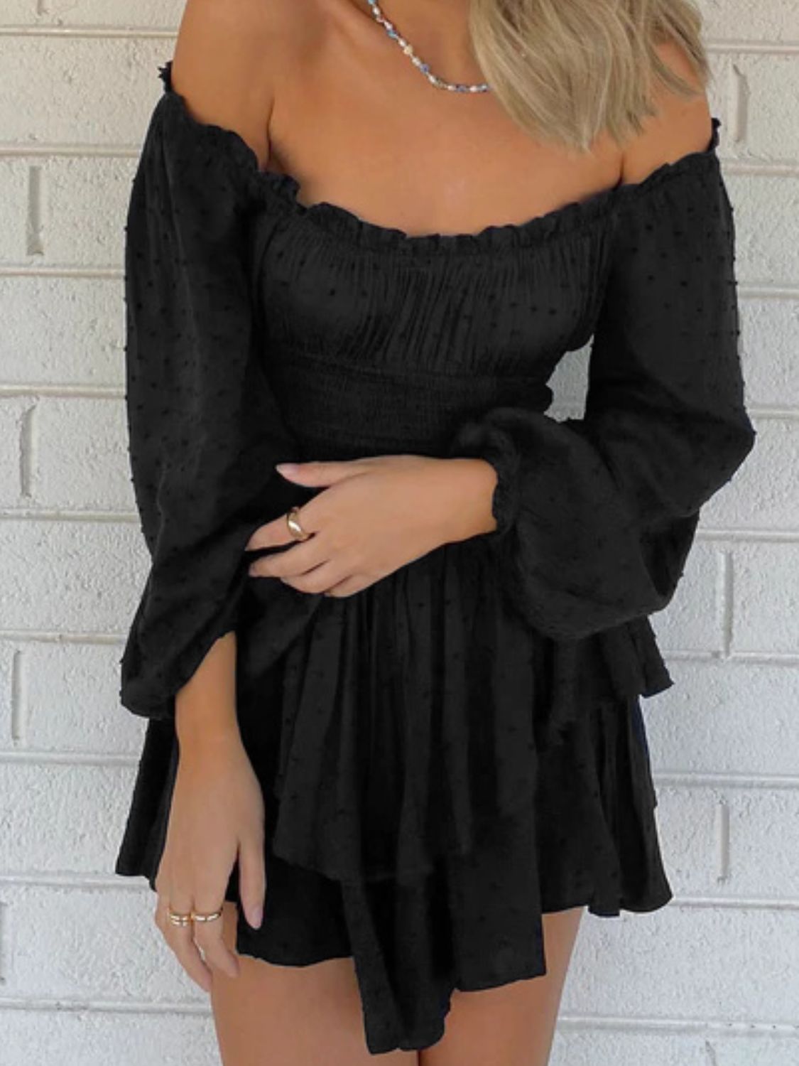 off shoulder smocked waist romper