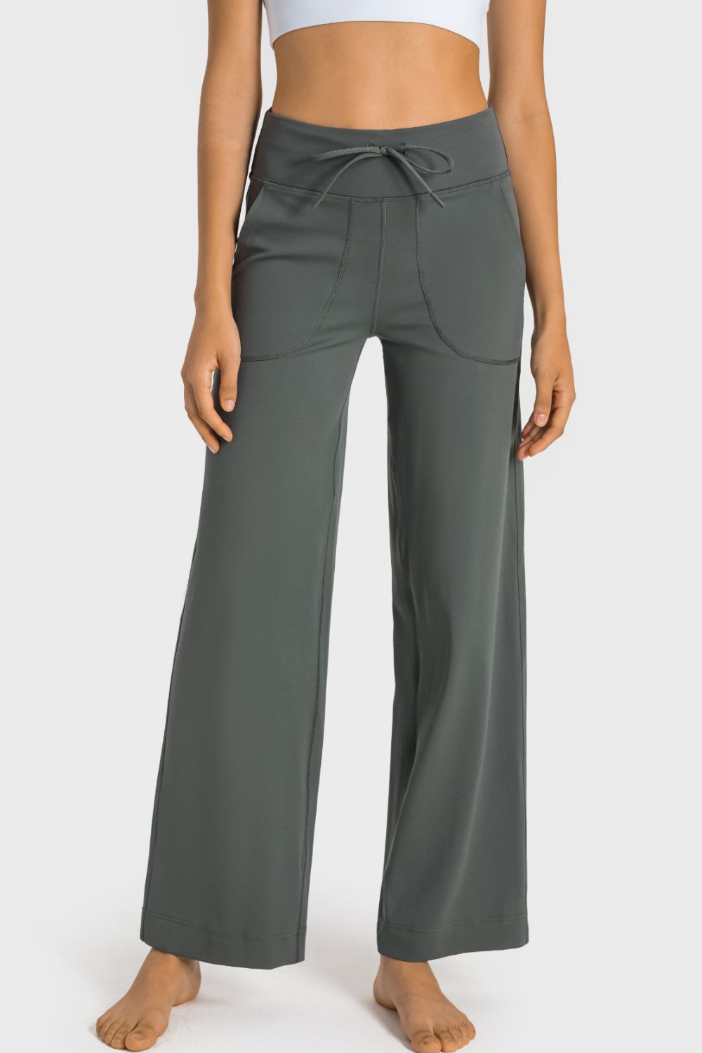 drawstring waist wide leg sports pants with pockets