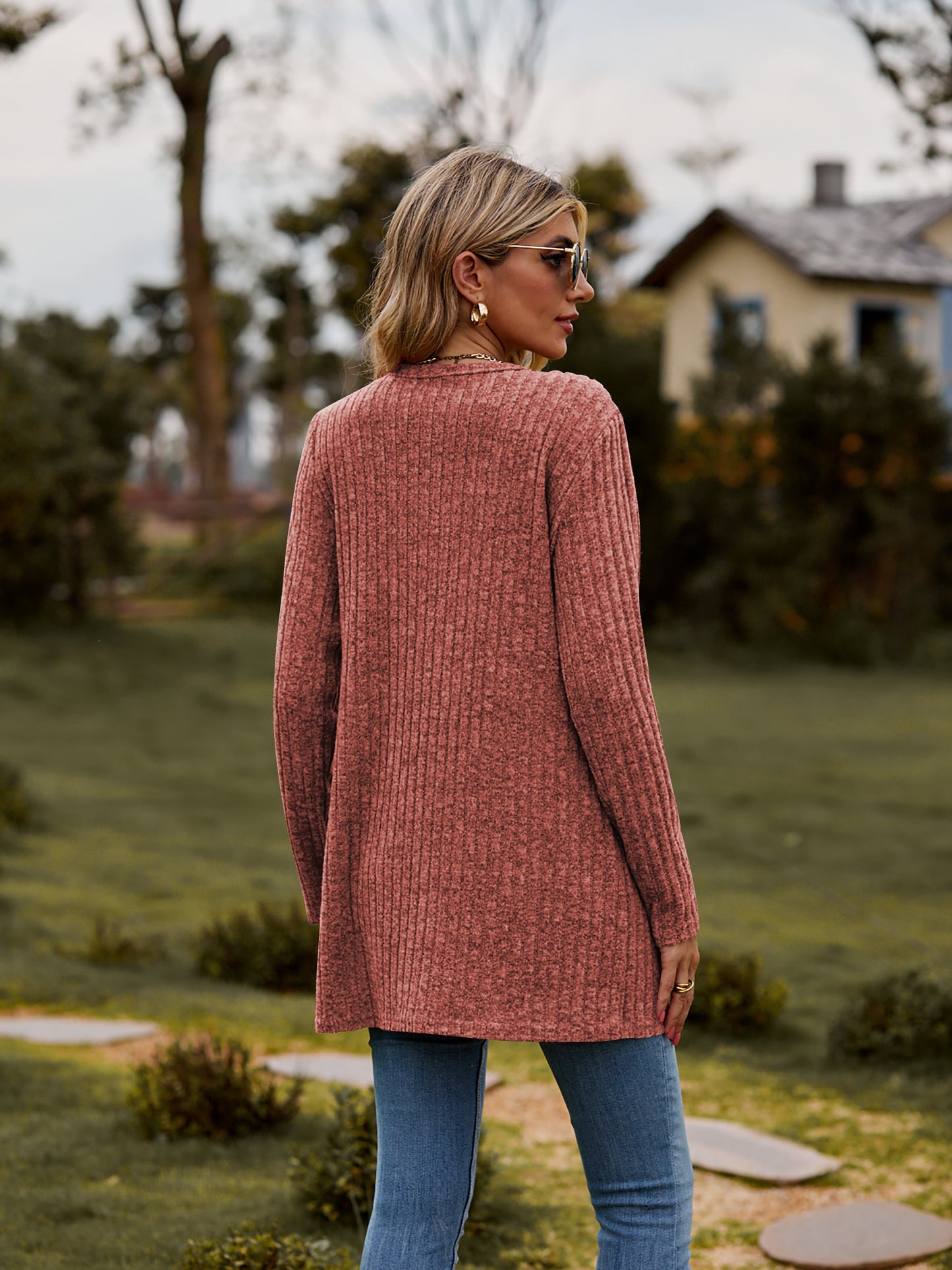 ribbed button-up cardigan with pockets