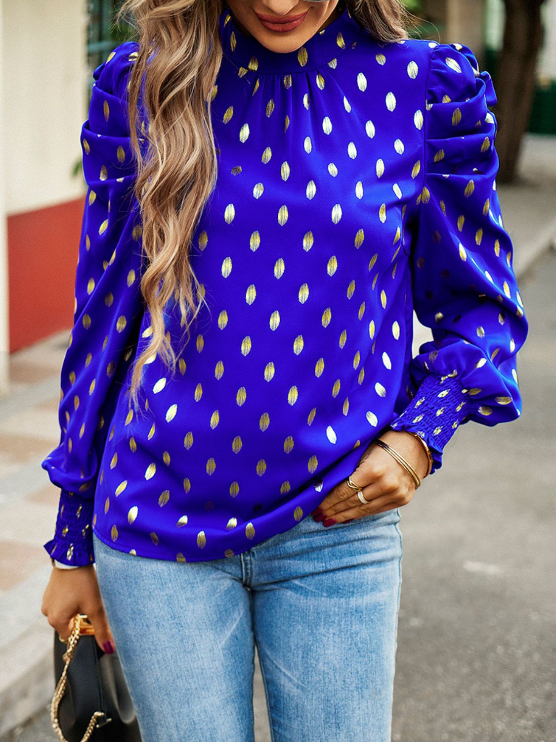 printed mock neck lantern sleeve blouse