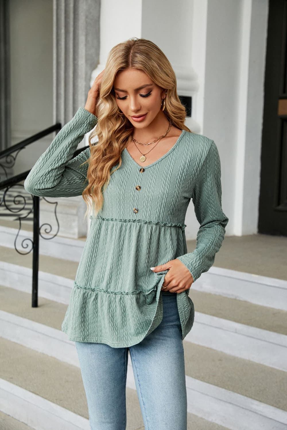 long sleeve v-neck cable-knit blouse