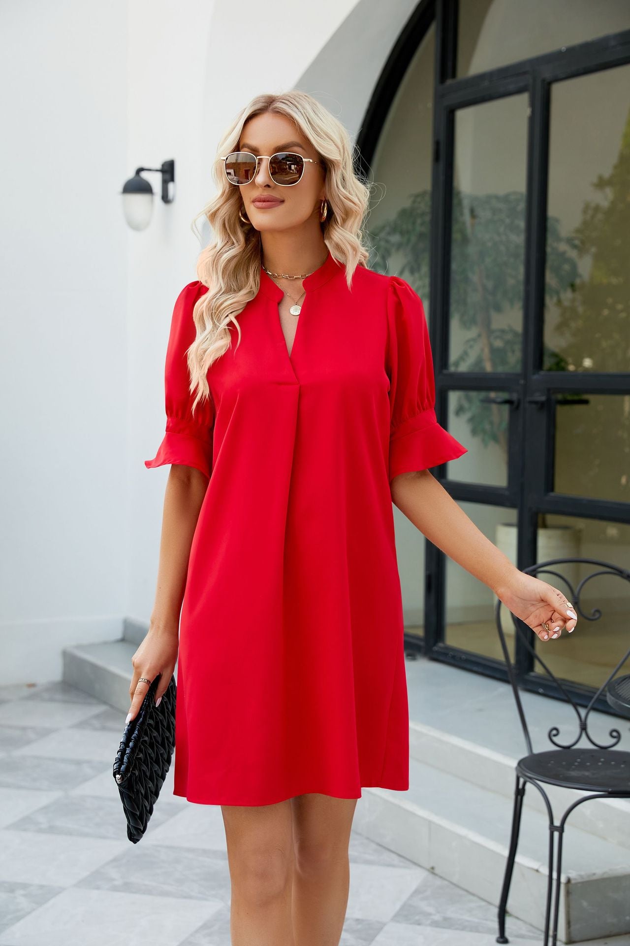 notched neck flounce sleeve mini dress