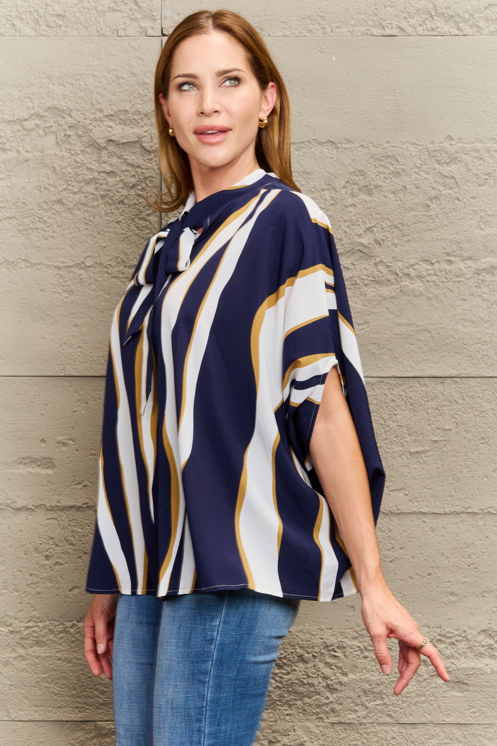 tie neck printed slit sleeve blouse