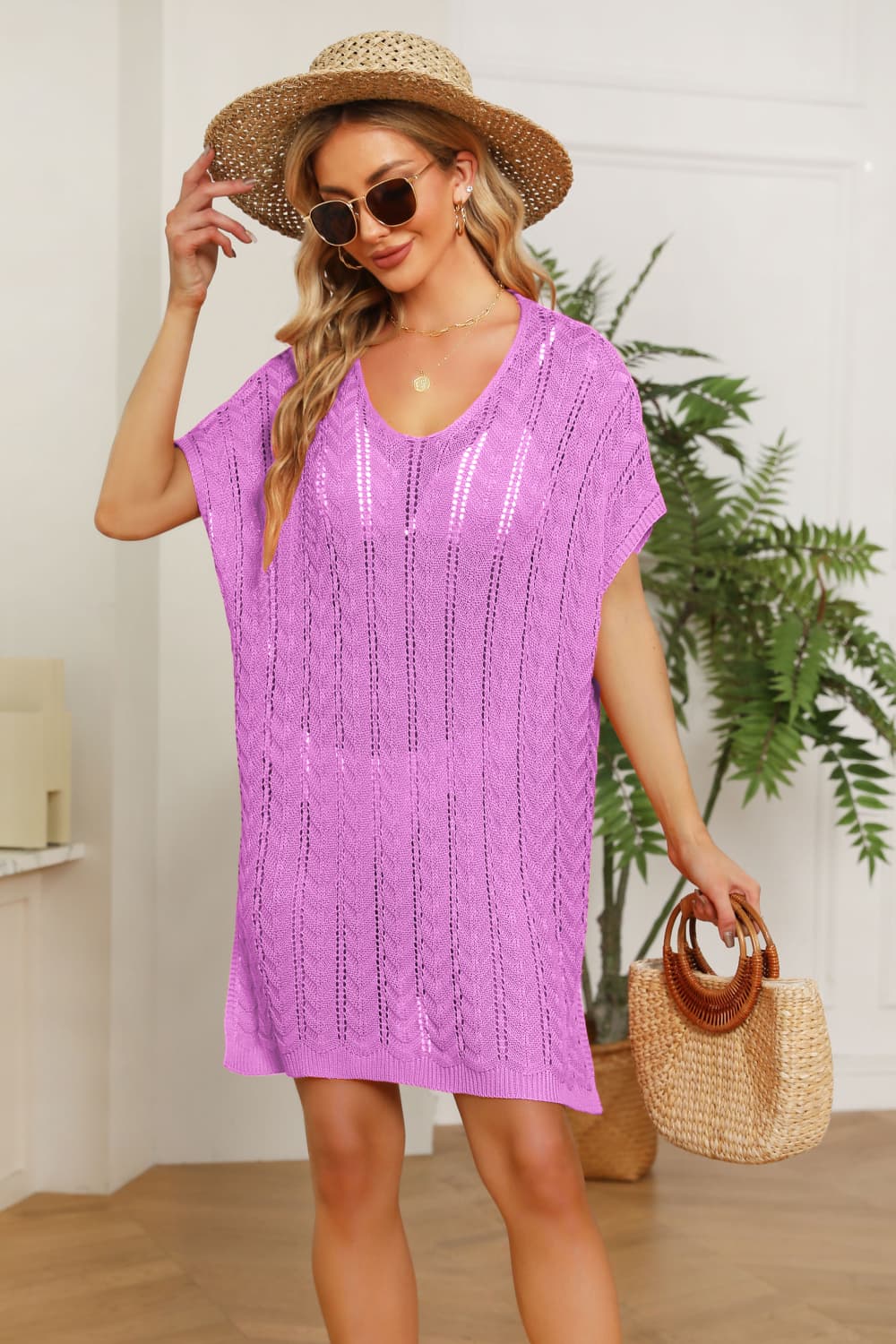 openwork side slit knit dress