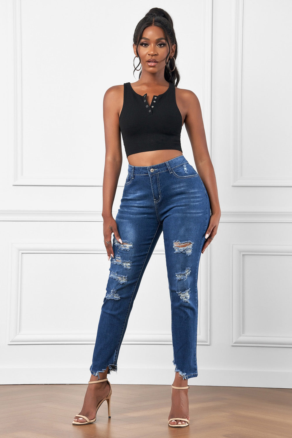 baeful high-rise distressed hem detail jeans